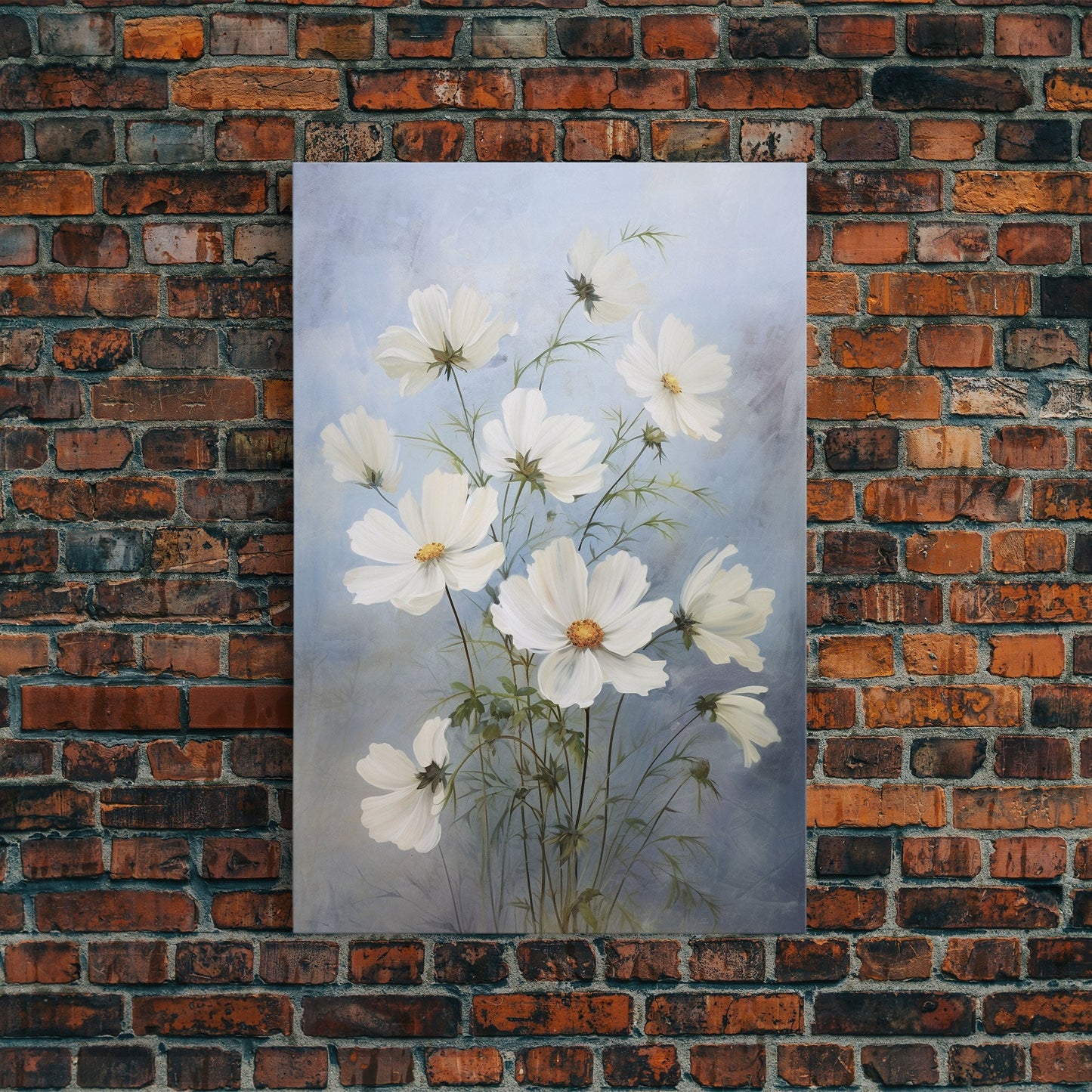 Cosmos Art Print - Framed Canvas Art - Oil Painting Poster Print - White Flowers Still Life - Small Flower Bouquet Oil Painting Wall Art - mosswell.us