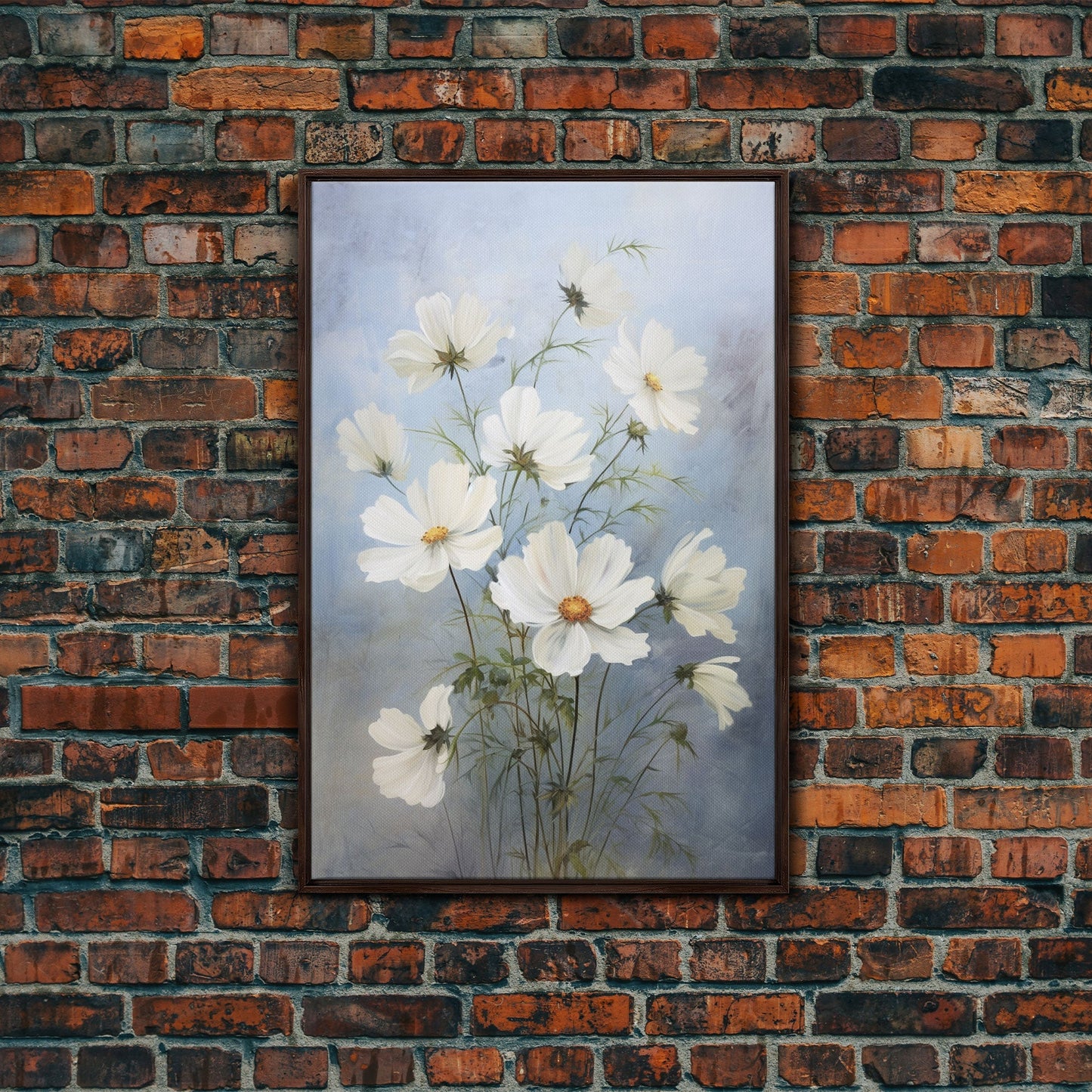 Cosmos Art Print - Framed Canvas Art - Oil Painting Poster Print - White Flowers Still Life - Small Flower Bouquet Oil Painting Wall Art - mosswell.us