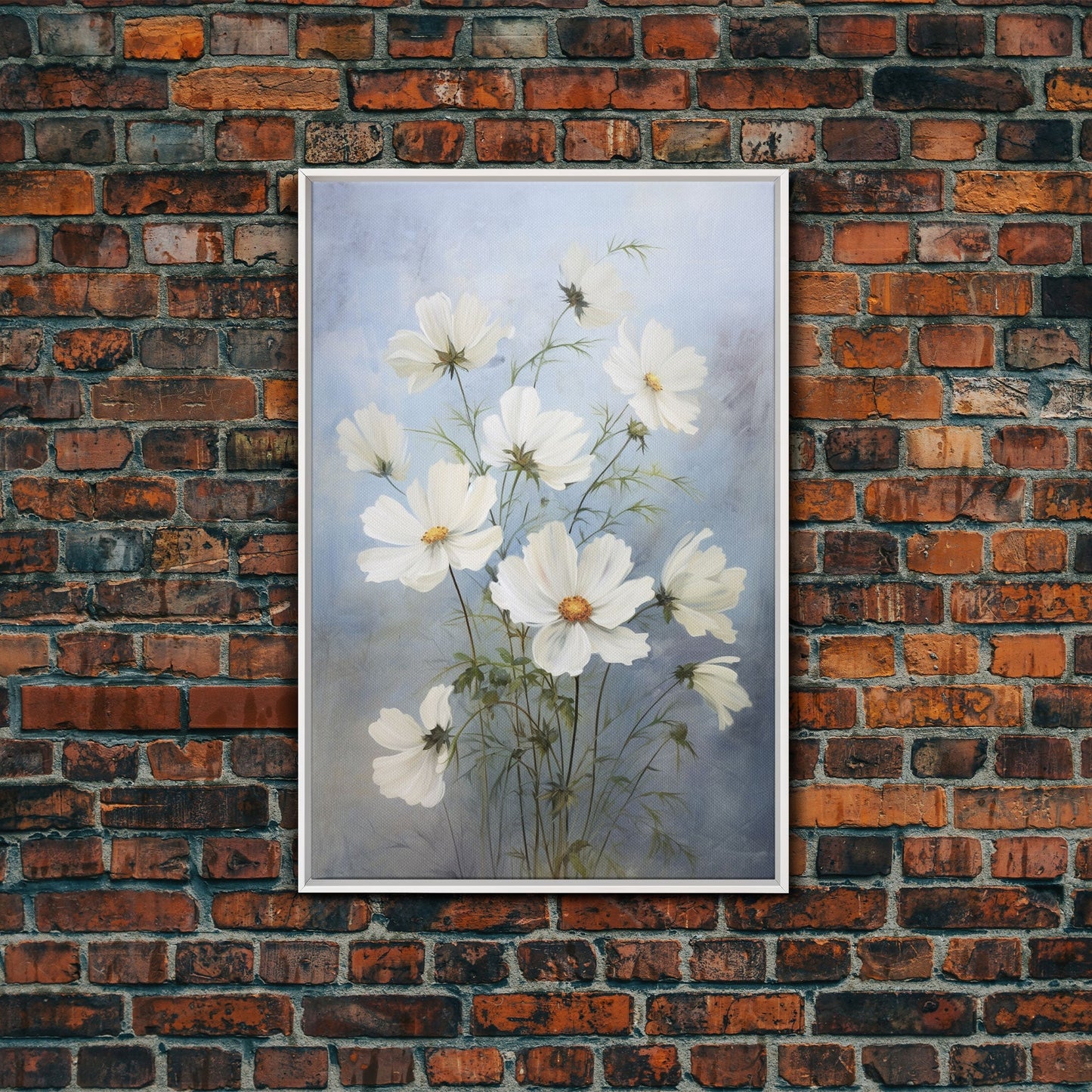 Cosmos Art Print - Framed Canvas Art - Oil Painting Poster Print - White Flowers Still Life - Small Flower Bouquet Oil Painting Wall Art - mosswell.us