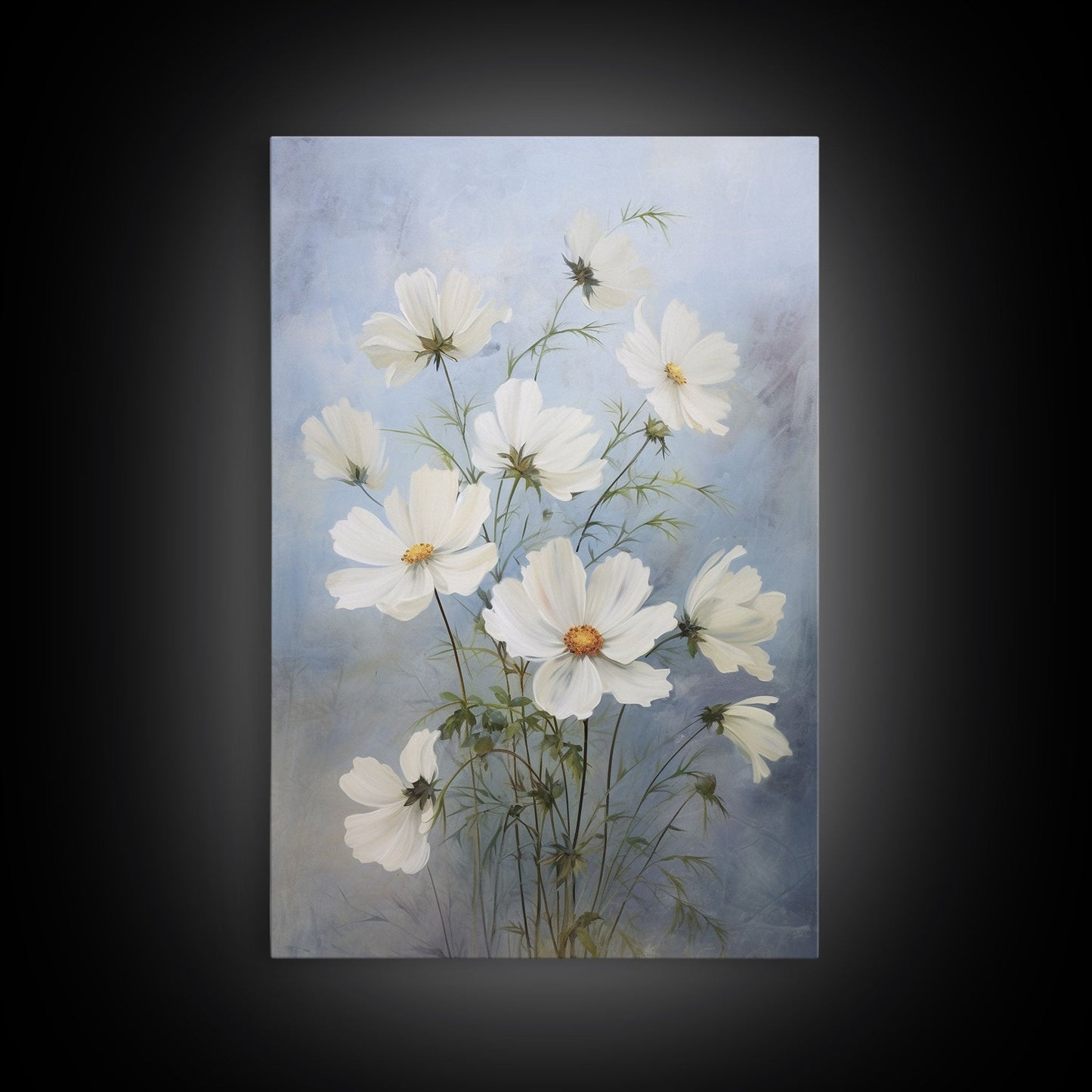Cosmos Art Print - Framed Canvas Art - Oil Painting Poster Print - White Flowers Still Life - Small Flower Bouquet Oil Painting Wall Art - mosswell.us