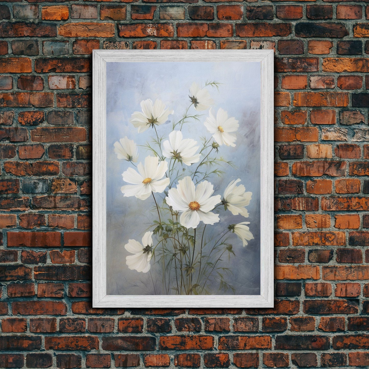 Cosmos Art Print - Framed Canvas Art - Oil Painting Poster Print - White Flowers Still Life - Small Flower Bouquet Oil Painting Wall Art - mosswell.us