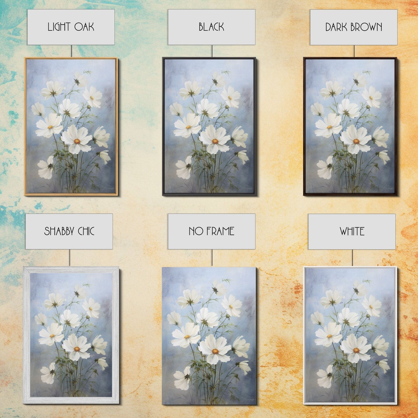 Cosmos Art Print - Framed Canvas Art - Oil Painting Poster Print - White Flowers Still Life - Small Flower Bouquet Oil Painting Wall Art - mosswell.us