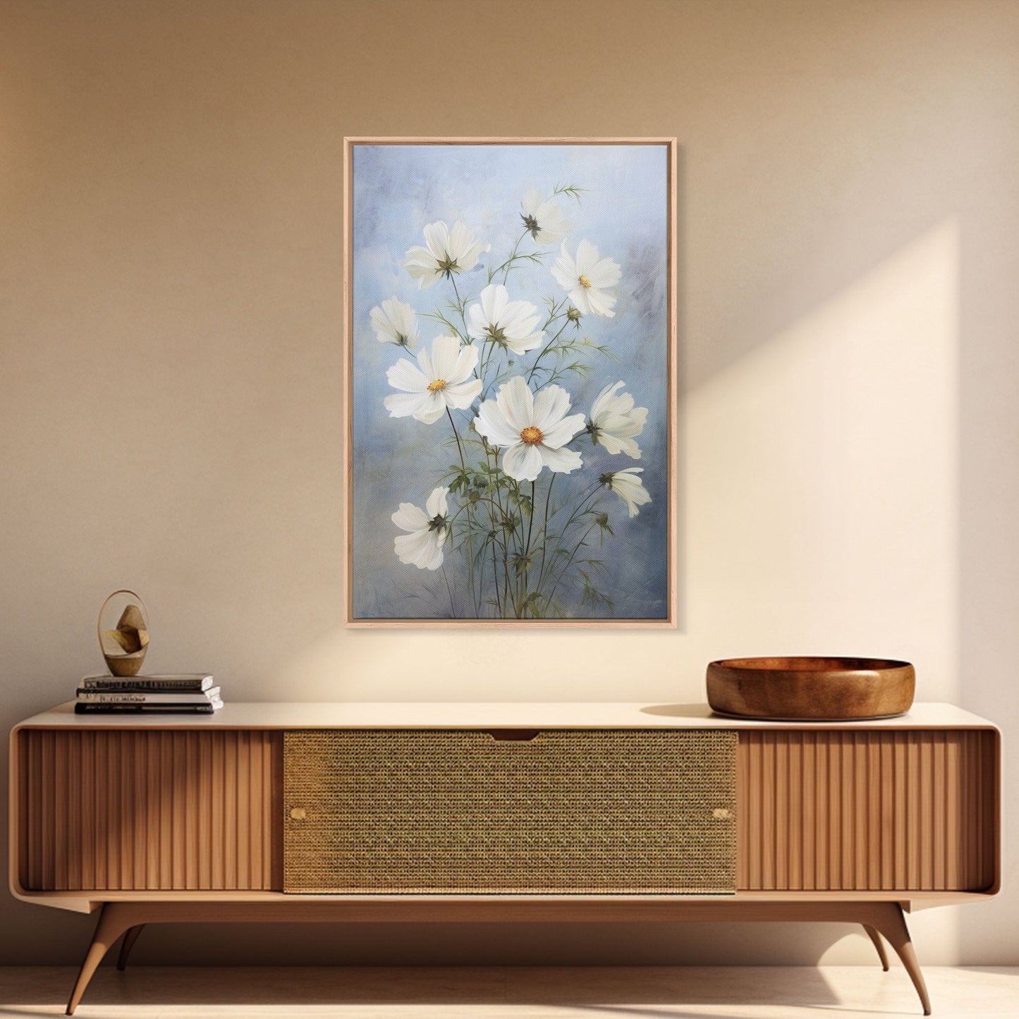 Cosmos Art Print - Framed Canvas Art - Oil Painting Poster Print - White Flowers Still Life - Small Flower Bouquet Oil Painting Wall Art - mosswell.us