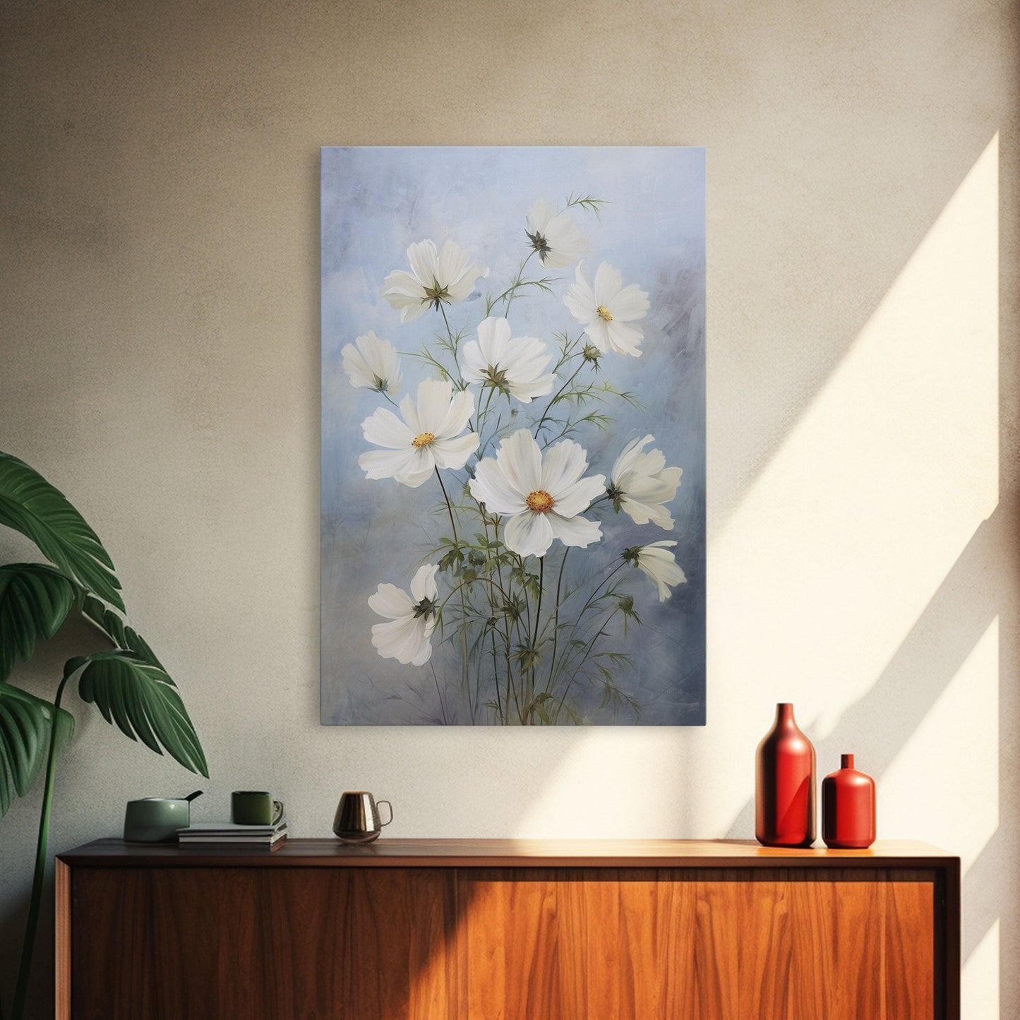 Cosmos Art Print - Framed Canvas Art - Oil Painting Poster Print - White Flowers Still Life - Small Flower Bouquet Oil Painting Wall Art - mosswell.us