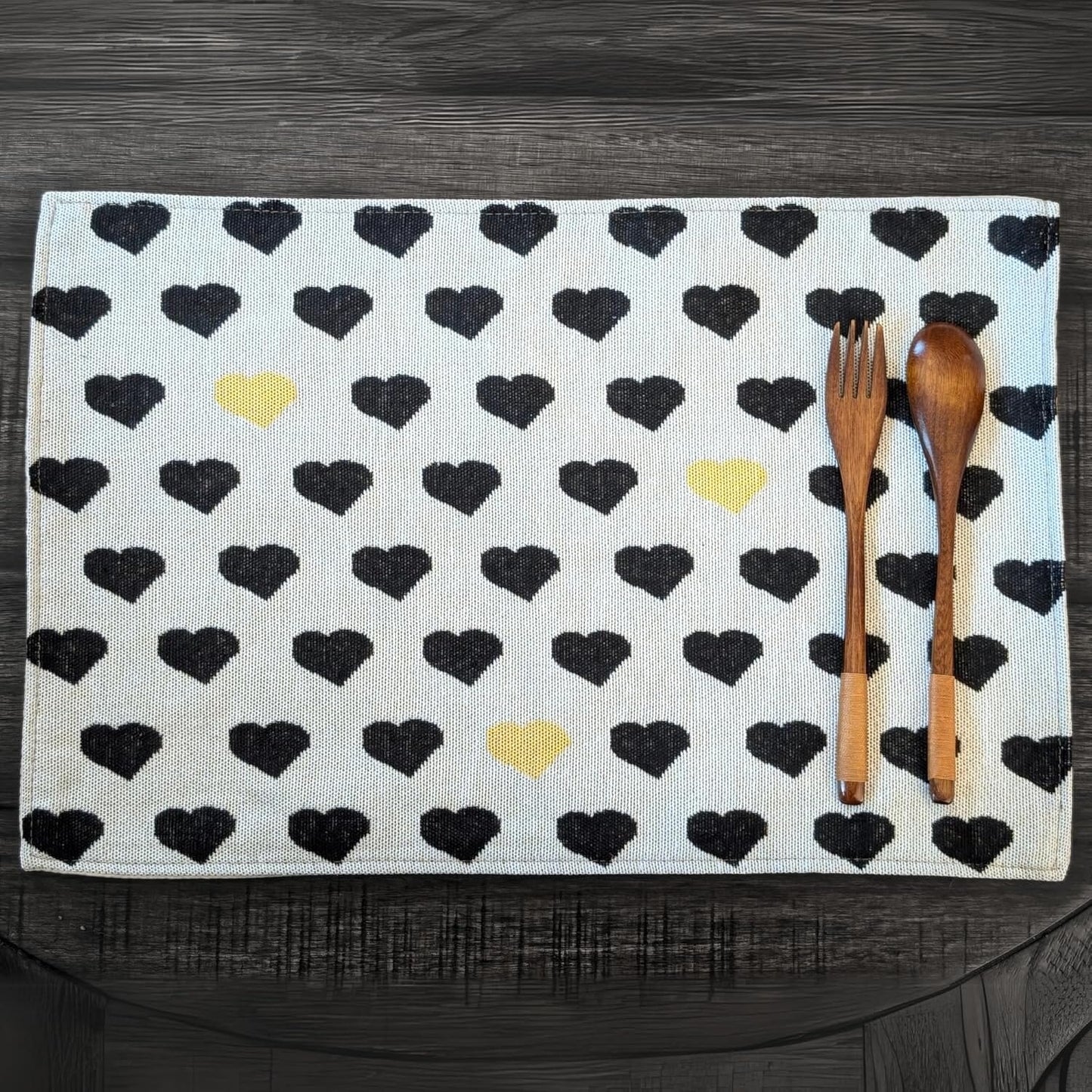 DaDa Bedding Set of 4 - Pieces Lovely Yellow & Black Hearts Tapestry Dining Table Placemats 13” x 19” (18113) - mosswell.us