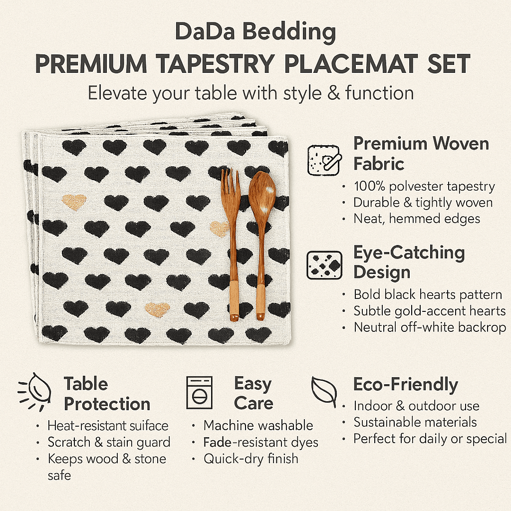 DaDa Bedding Set of 4 - Pieces Lovely Yellow & Black Hearts Tapestry Dining Table Placemats 13” x 19” (18113) - mosswell.us