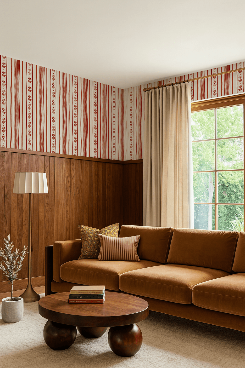 Daisy Chain Stripe Wallpaper, beige and brick red - mosswell.us