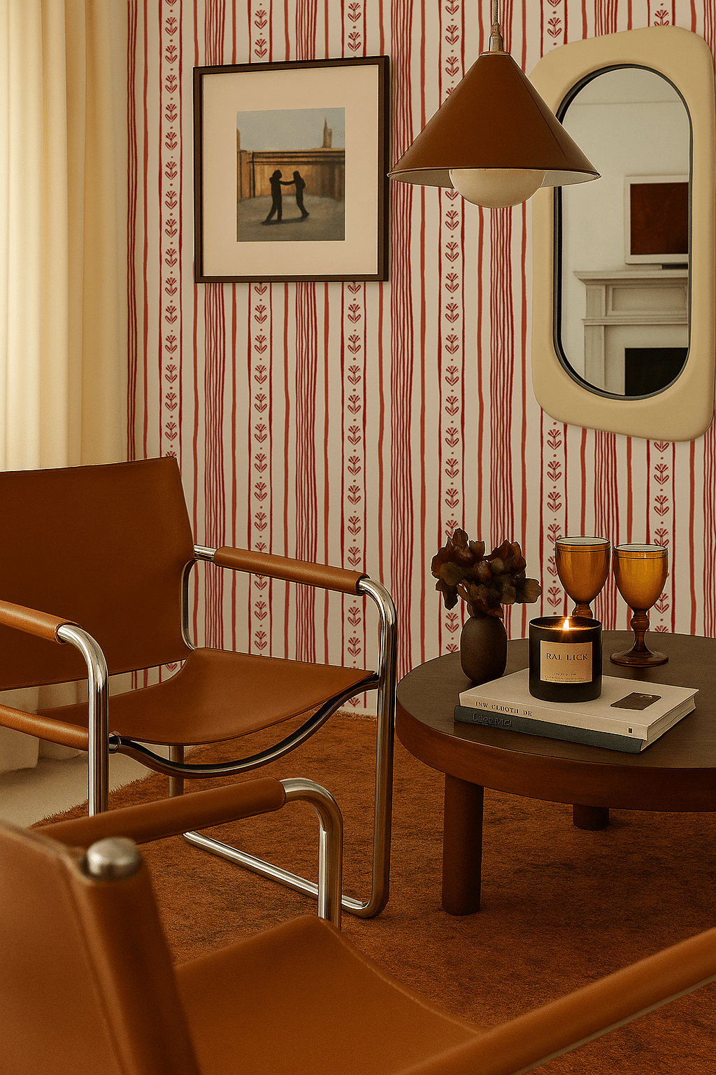 Daisy Chain Stripe Wallpaper, beige and brick red - mosswell.us