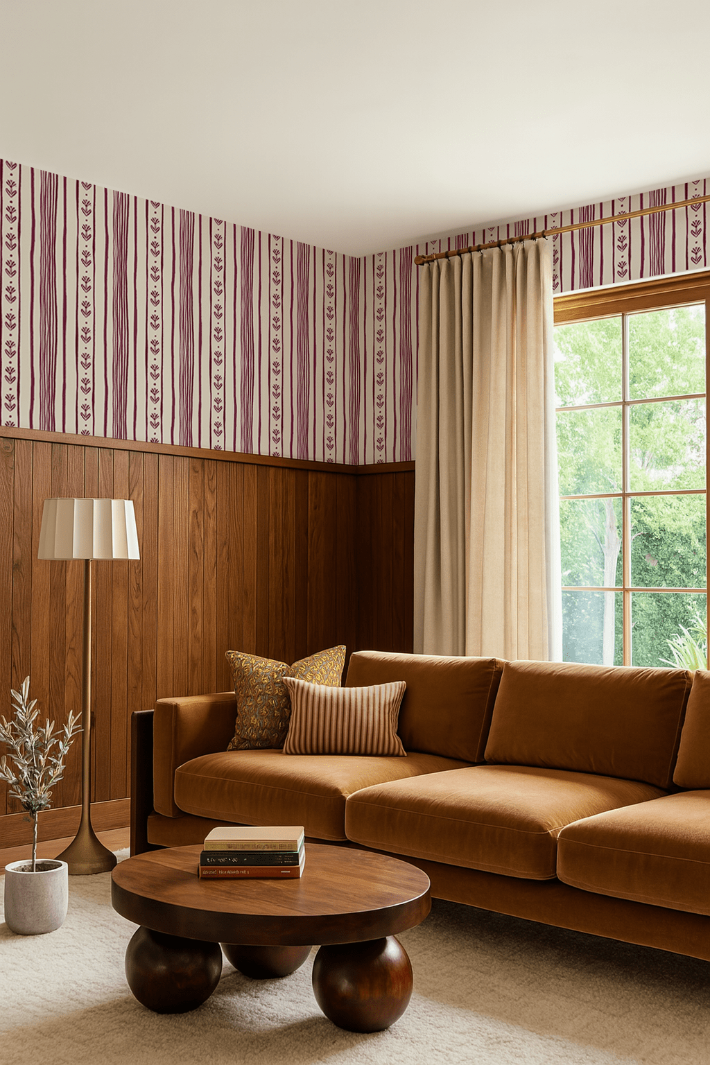 Daisy Chain Stripe Wallpaper, beige and eggplant purple - mosswell.us