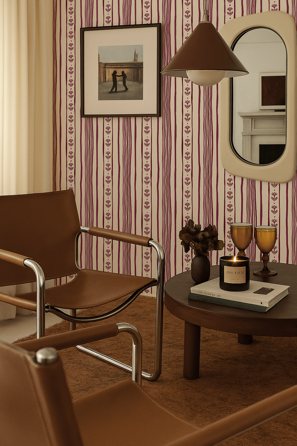 Daisy Chain Stripe Wallpaper, beige and eggplant purple - mosswell.us