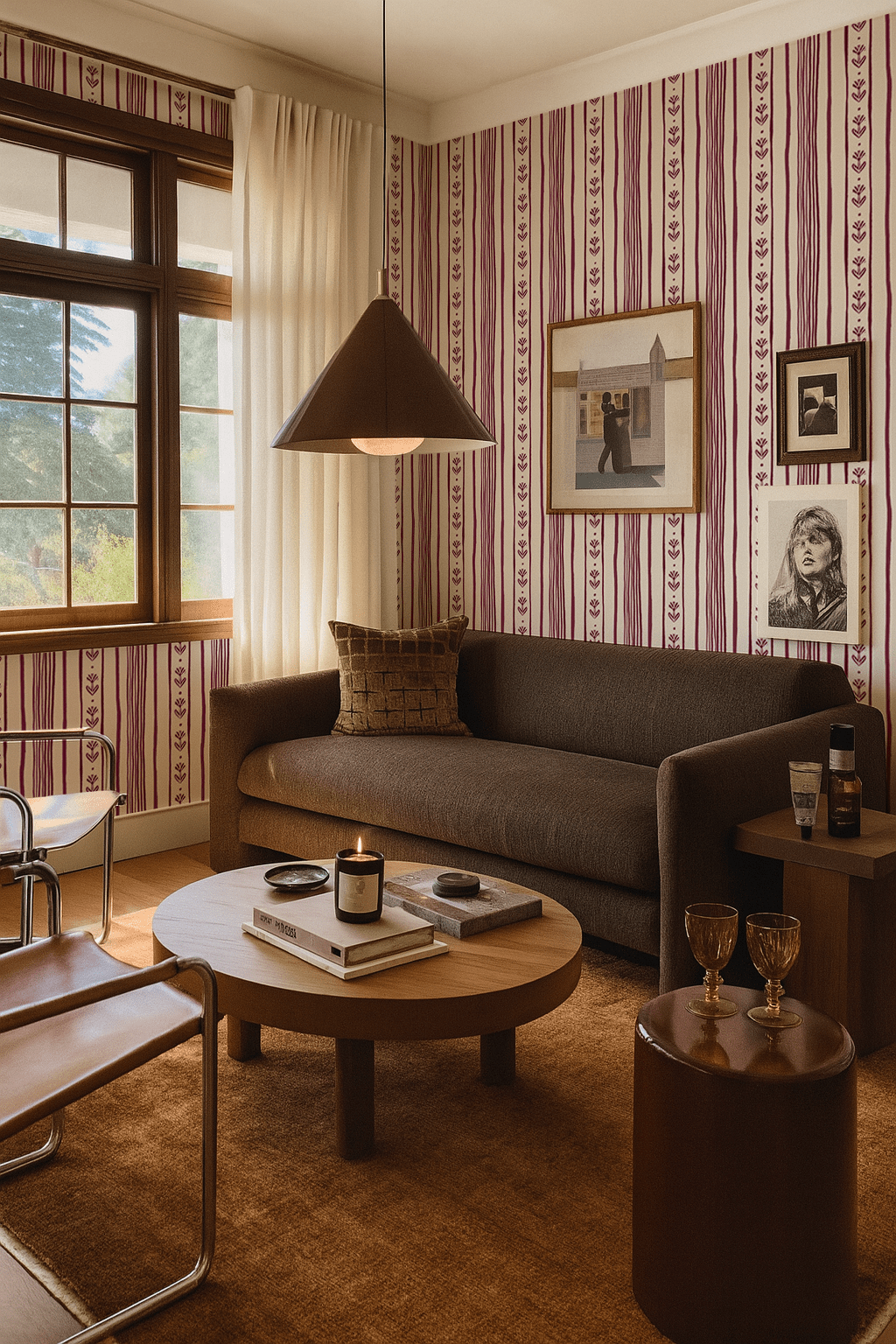 Daisy Chain Stripe Wallpaper, beige and eggplant purple - mosswell.us