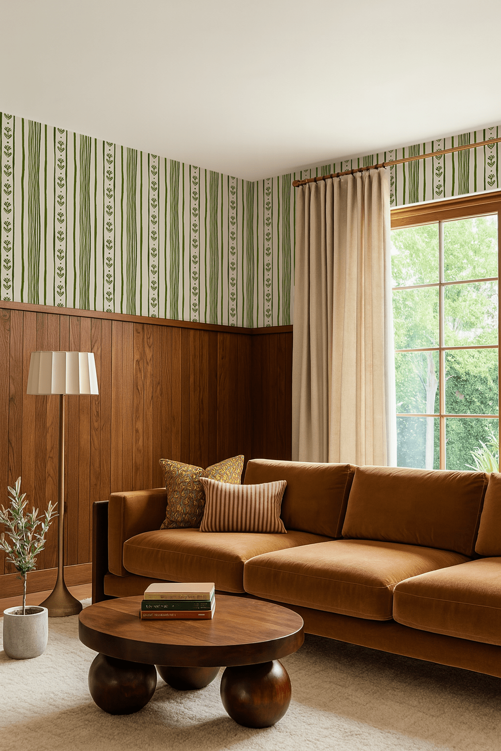 Daisy Chain Stripe Wallpaper, beige and green - mosswell.us