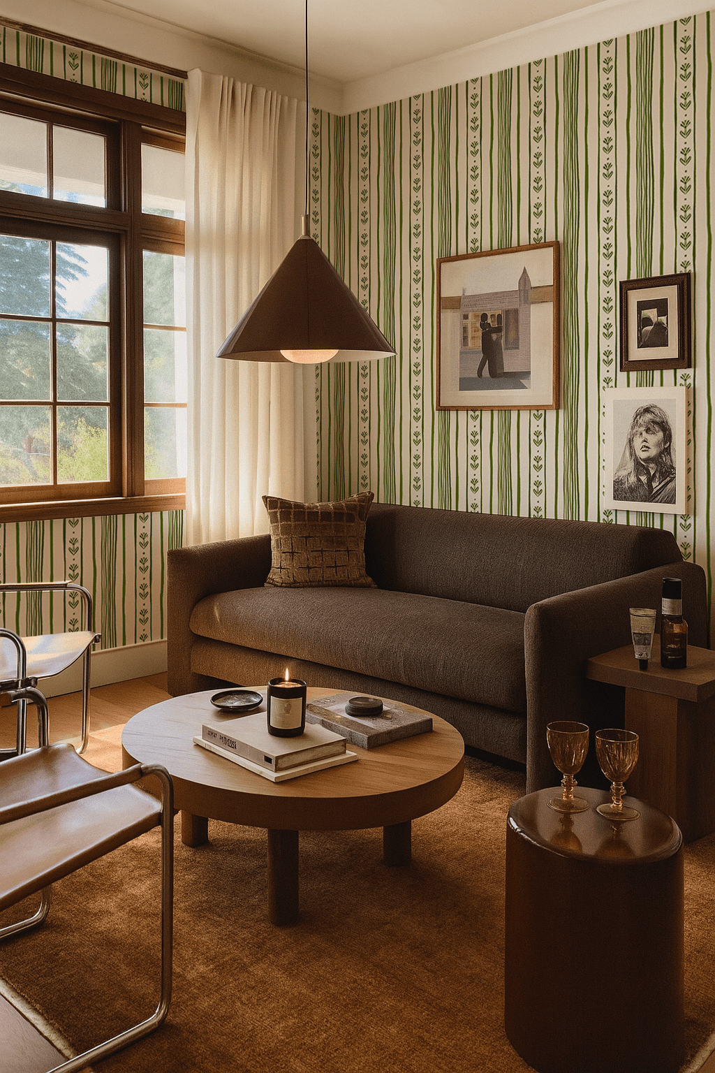 Daisy Chain Stripe Wallpaper, beige and green - mosswell.us
