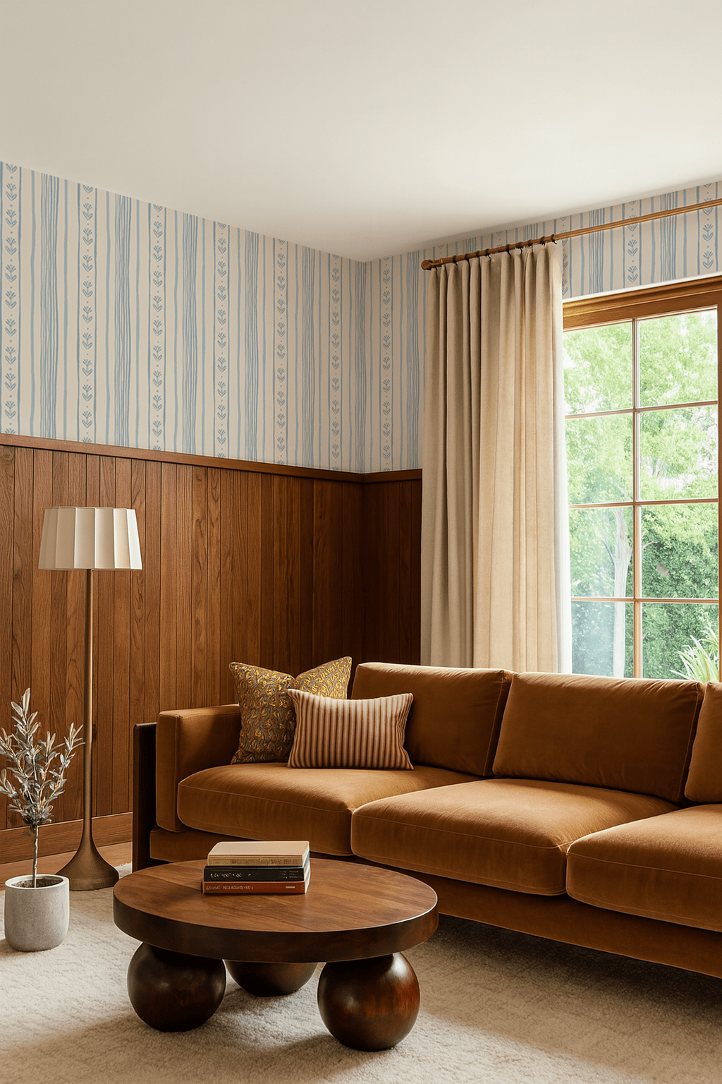 Daisy Chain Stripe Wallpaper, beige and light blue - mosswell.us