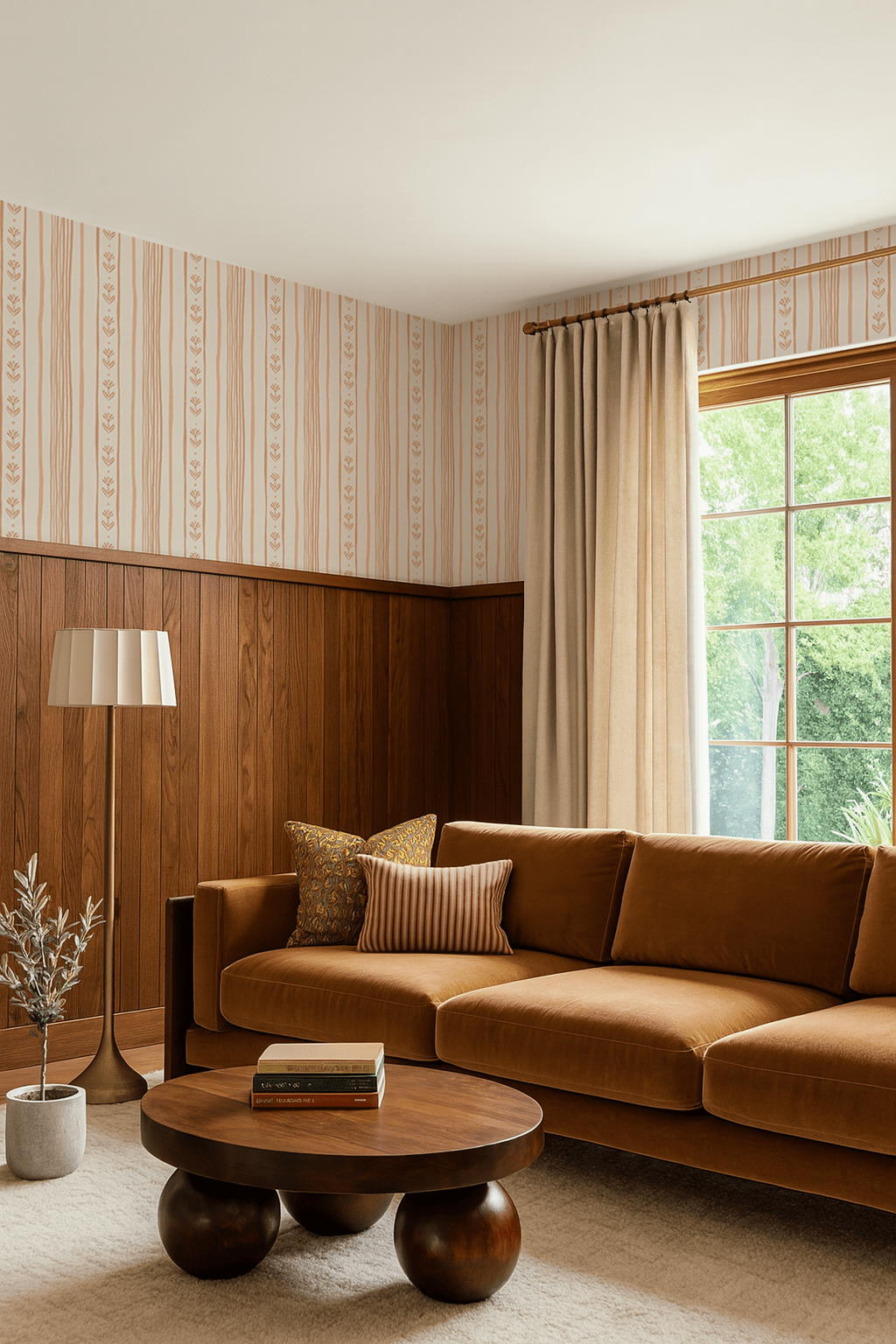 Daisy Chain Stripe Wallpaper, beige and peach - mosswell.us