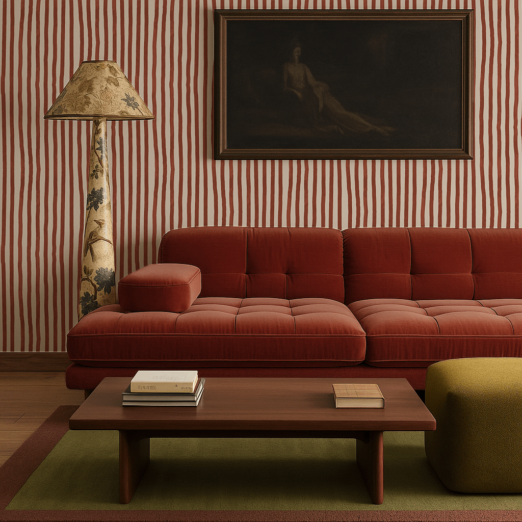 Dolce Stripe Wallpaper, off - white and brick red - mosswell.us