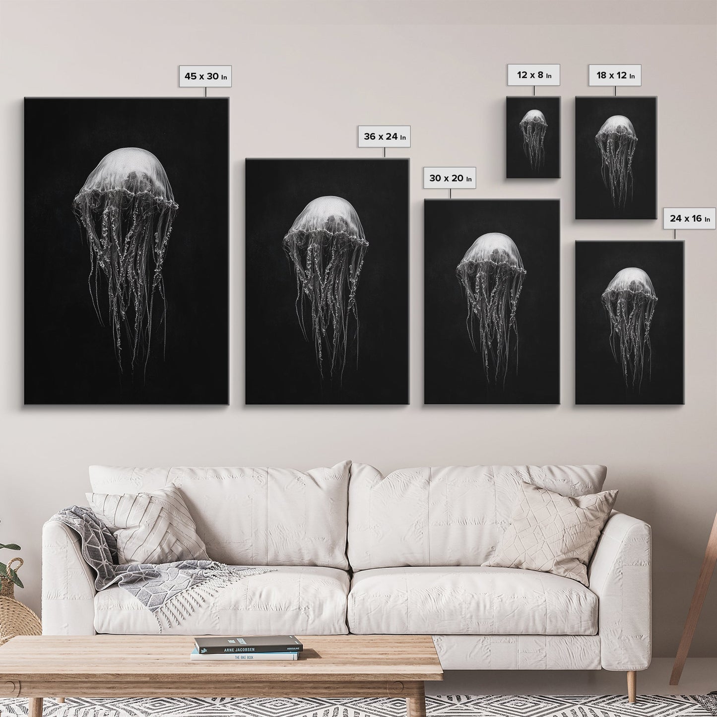 Elegant Jellyfish Art, Ocean Wildlife, Monochrome Marine, Framed Canvas Print, Bathroom Decor, Nautical Wall Art, Minimalist Sea Life - mosswell.us