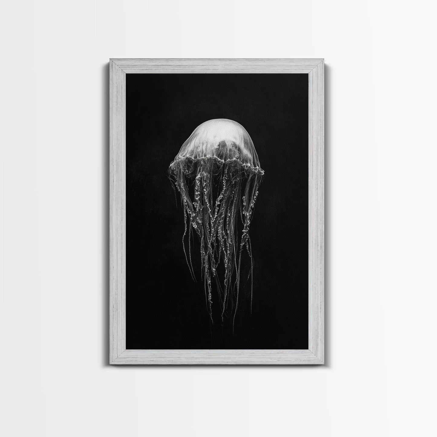 Elegant Jellyfish Art, Ocean Wildlife, Monochrome Marine, Framed Canvas Print, Bathroom Decor, Nautical Wall Art, Minimalist Sea Life - mosswell.us