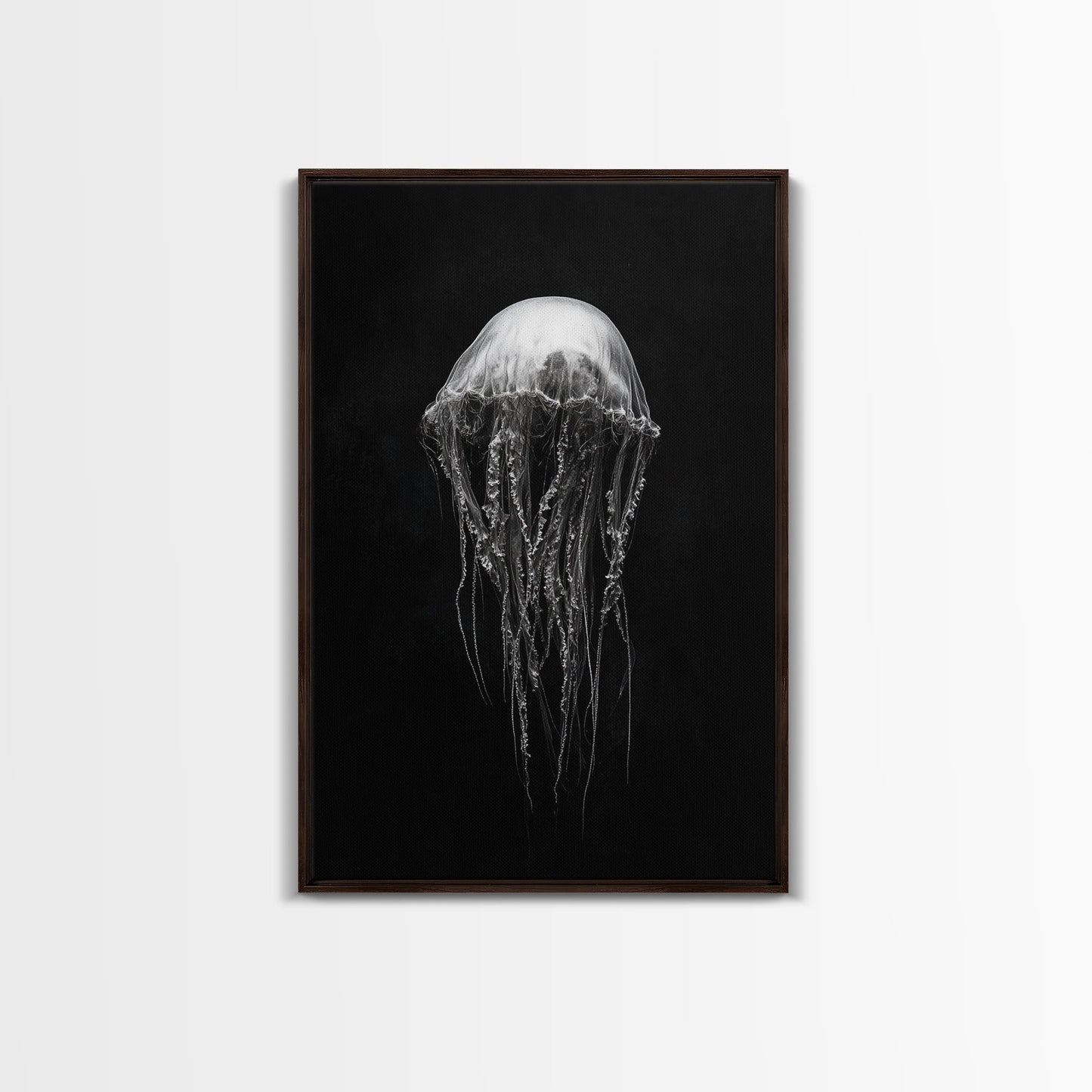 Elegant Jellyfish Art, Ocean Wildlife, Monochrome Marine, Framed Canvas Print, Bathroom Decor, Nautical Wall Art, Minimalist Sea Life - mosswell.us