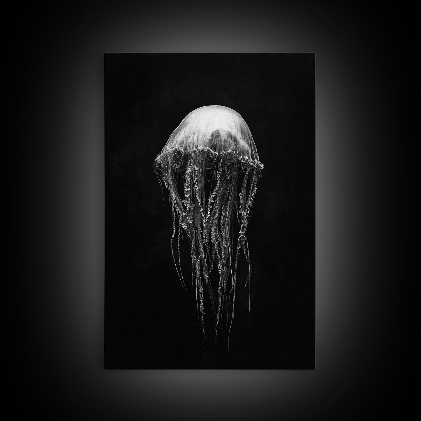 Elegant Jellyfish Art, Ocean Wildlife, Monochrome Marine, Framed Canvas Print, Bathroom Decor, Nautical Wall Art, Minimalist Sea Life - mosswell.us