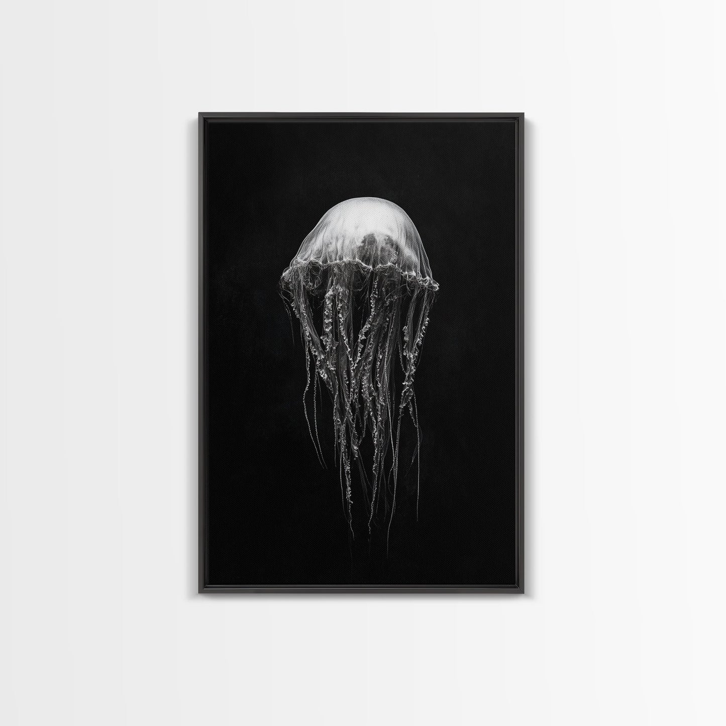 Elegant Jellyfish Art, Ocean Wildlife, Monochrome Marine, Framed Canvas Print, Bathroom Decor, Nautical Wall Art, Minimalist Sea Life - mosswell.us