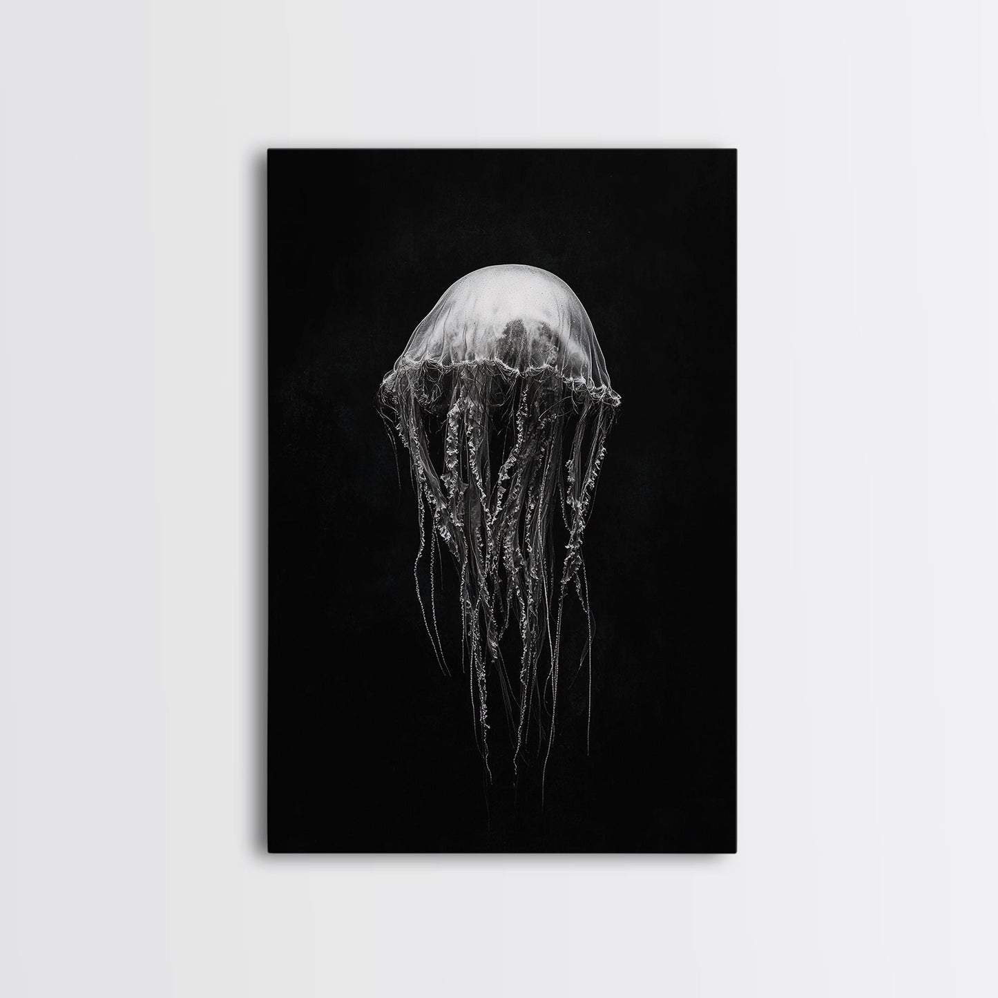 Elegant Jellyfish Art, Ocean Wildlife, Monochrome Marine, Framed Canvas Print, Bathroom Decor, Nautical Wall Art, Minimalist Sea Life - mosswell.us