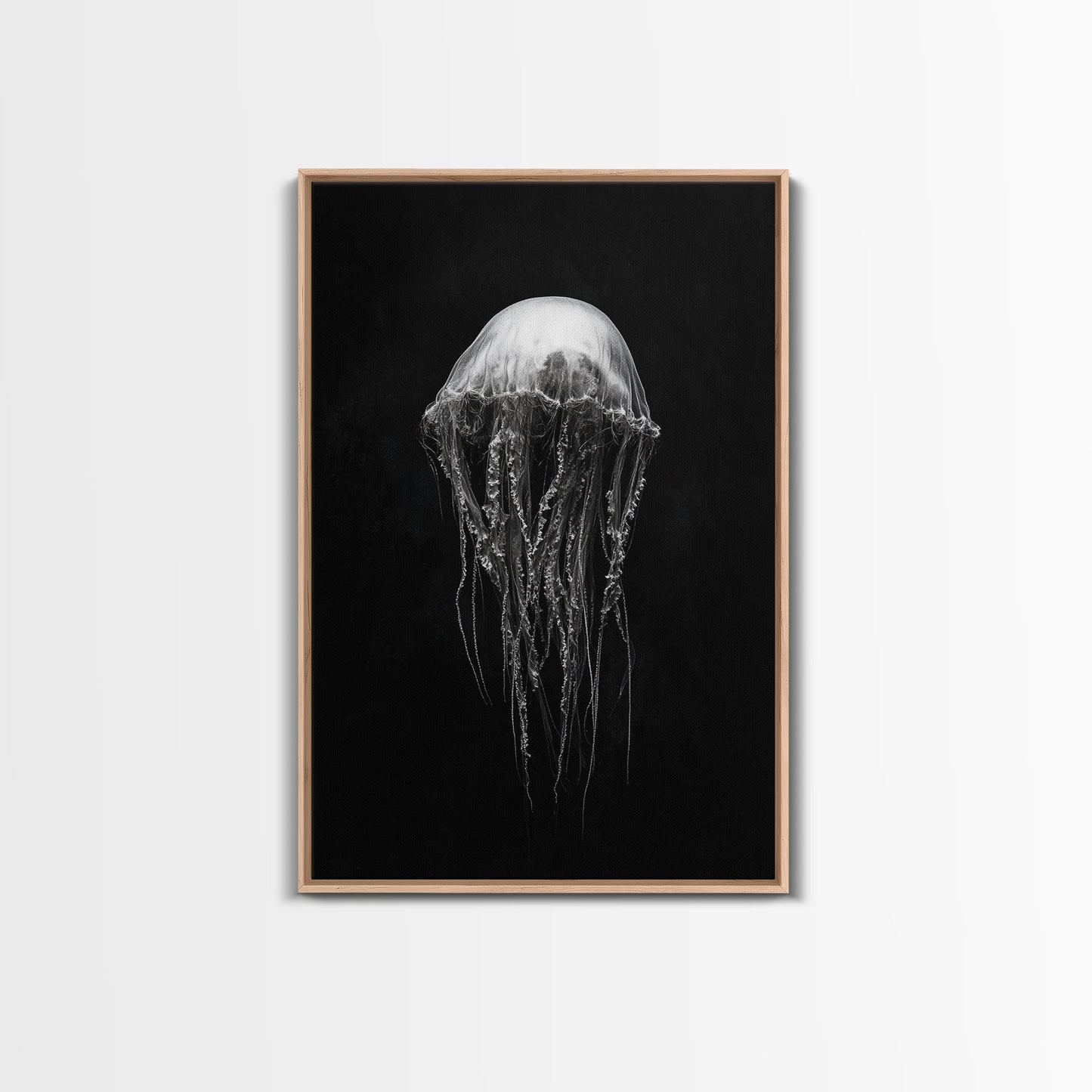 Elegant Jellyfish Art, Ocean Wildlife, Monochrome Marine, Framed Canvas Print, Bathroom Decor, Nautical Wall Art, Minimalist Sea Life - mosswell.us