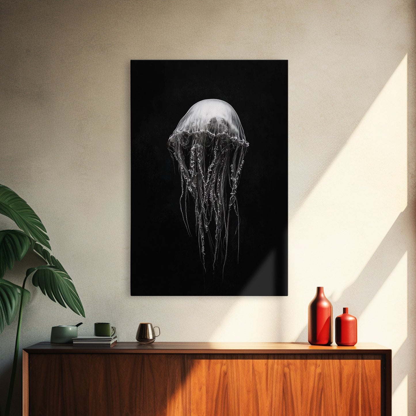 Elegant Jellyfish Art, Ocean Wildlife, Monochrome Marine, Framed Canvas Print, Bathroom Decor, Nautical Wall Art, Minimalist Sea Life - mosswell.us