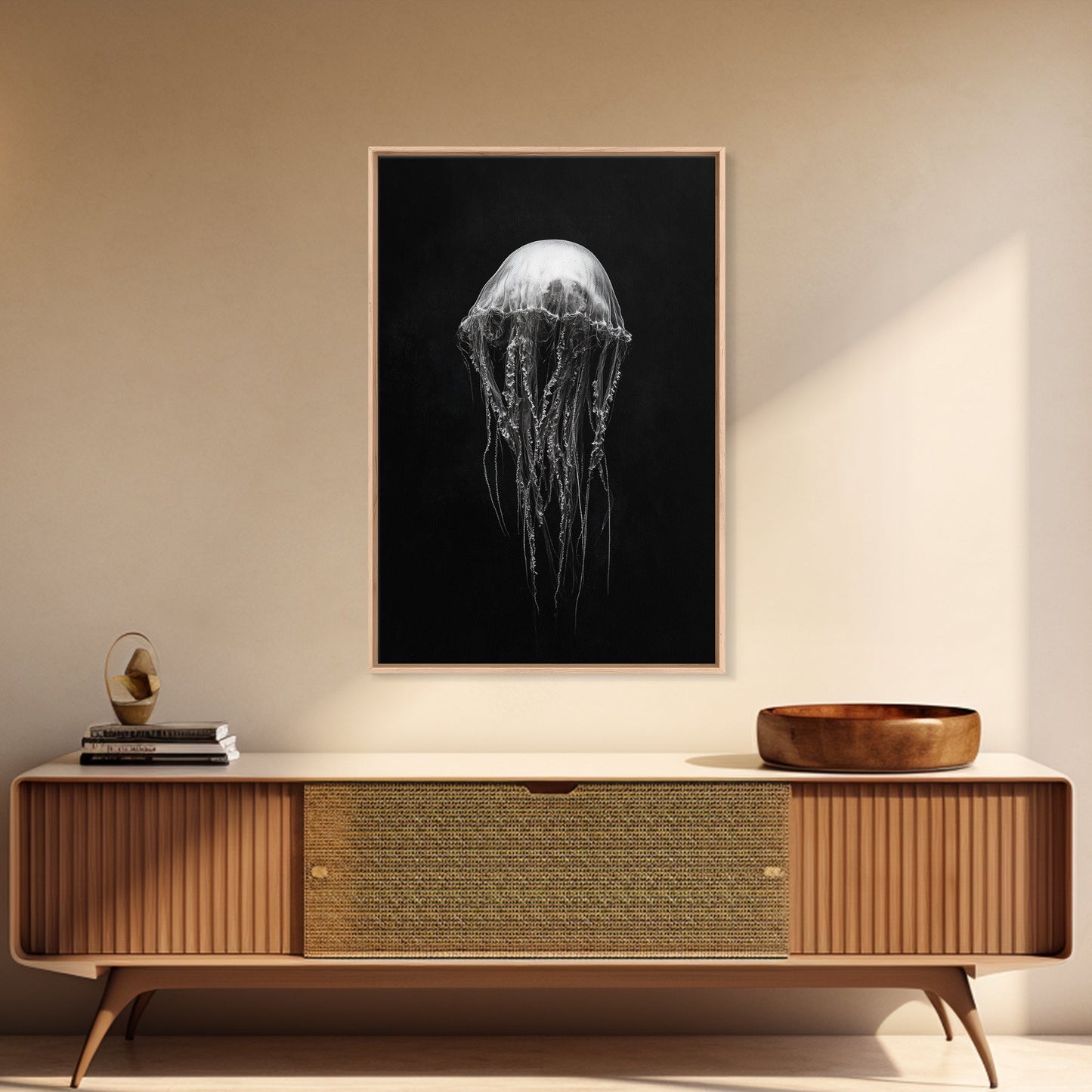 Elegant Jellyfish Art, Ocean Wildlife, Monochrome Marine, Framed Canvas Print, Bathroom Decor, Nautical Wall Art, Minimalist Sea Life - mosswell.us