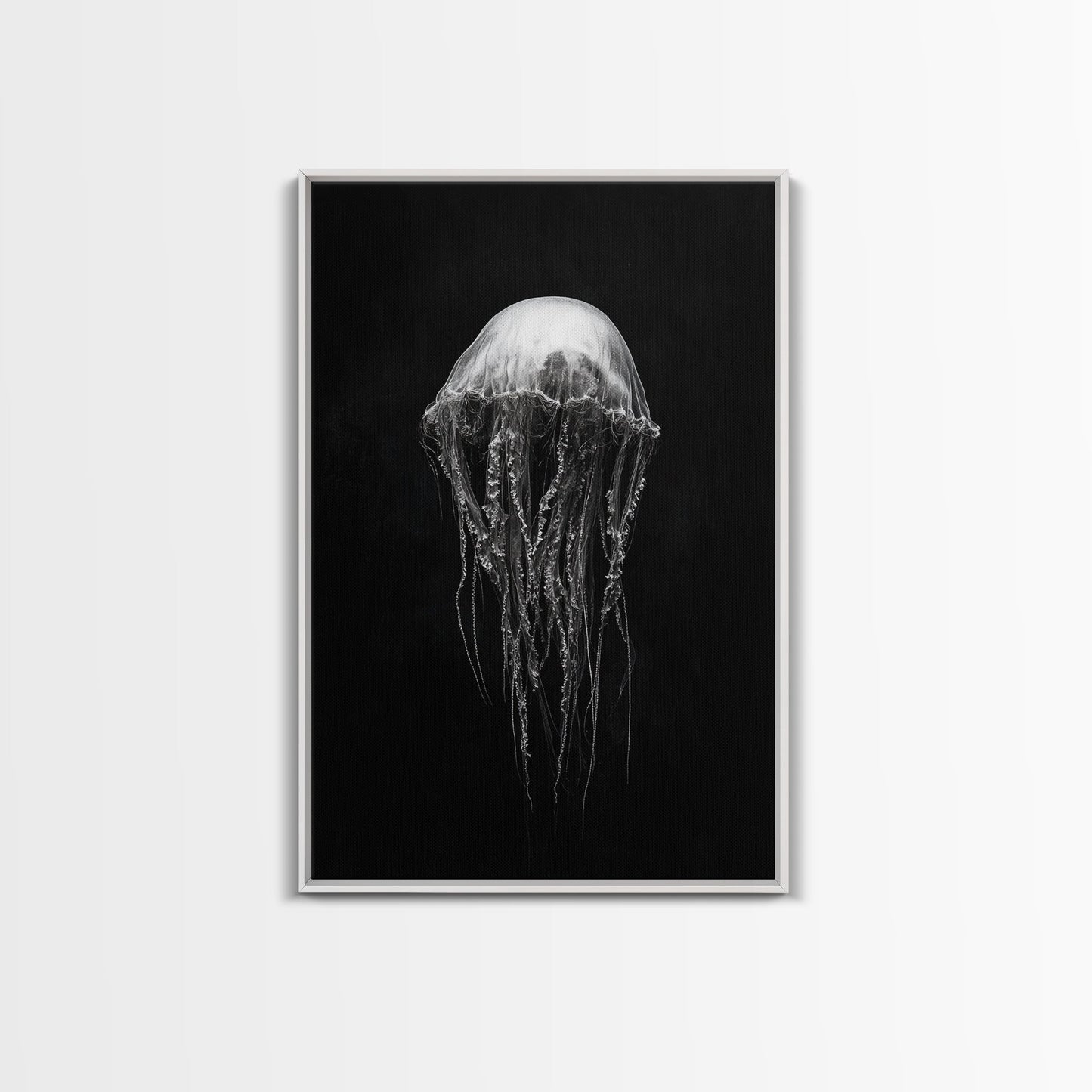 Elegant Jellyfish Art, Ocean Wildlife, Monochrome Marine, Framed Canvas Print, Bathroom Decor, Nautical Wall Art, Minimalist Sea Life - mosswell.us