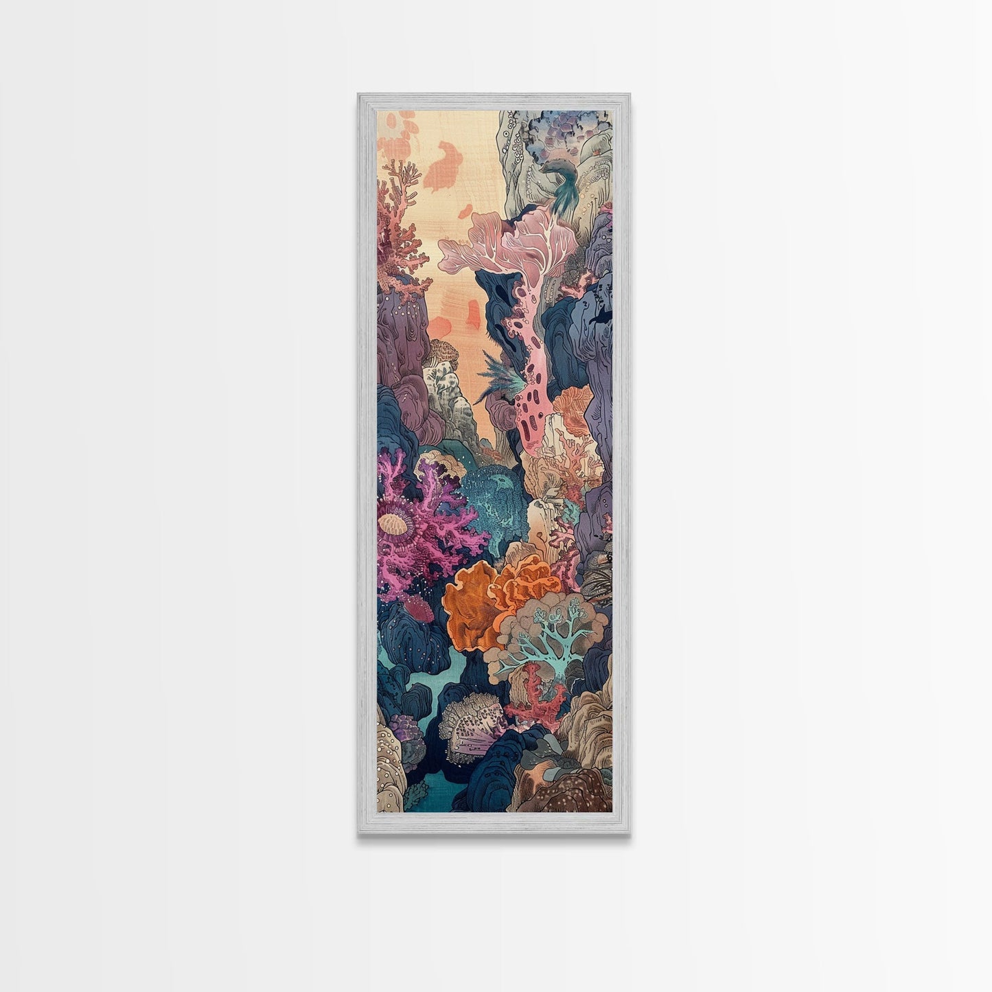 Framed Canvas Print Of A Coral Reef Scene Filled With Vibrant Marine Life, Skinny Art, Tall Art, Japanese Style Art, Ukiyo - e Art, Wood Block Print - mosswell.us