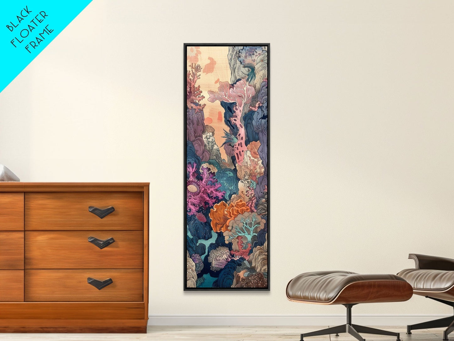 Framed Canvas Print Of A Coral Reef Scene Filled With Vibrant Marine Life, Skinny Art, Tall Art, Japanese Style Art, Ukiyo - e Art, Wood Block Print - mosswell.us