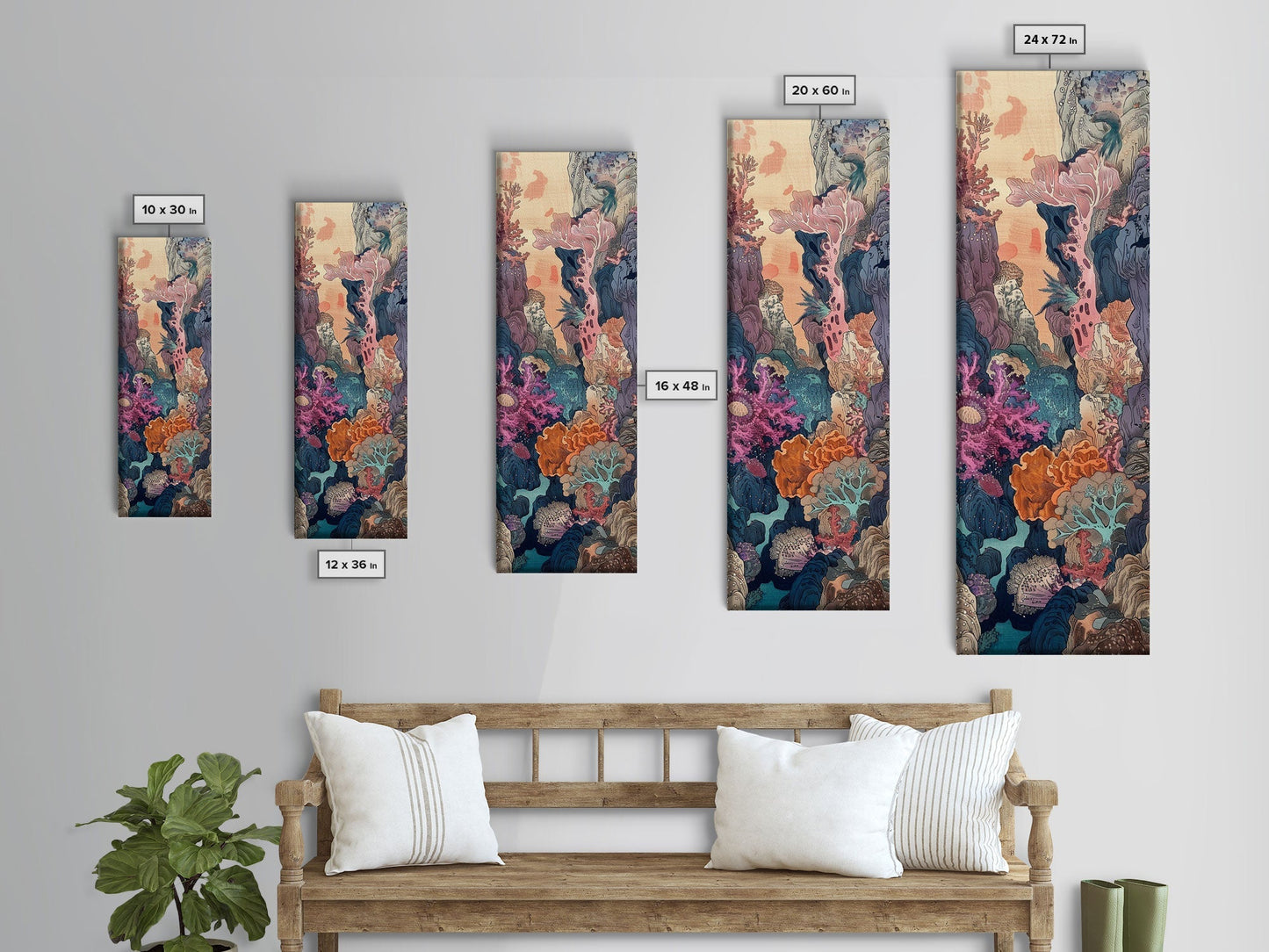 Framed Canvas Print Of A Coral Reef Scene Filled With Vibrant Marine Life, Skinny Art, Tall Art, Japanese Style Art, Ukiyo - e Art, Wood Block Print - mosswell.us