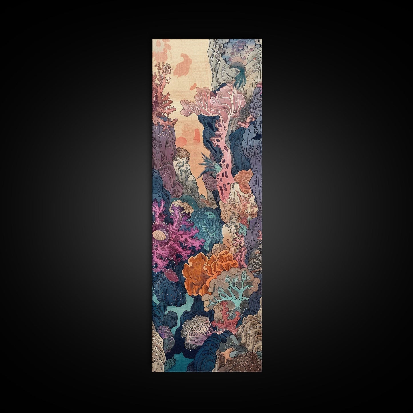 Framed Canvas Print Of A Coral Reef Scene Filled With Vibrant Marine Life, Skinny Art, Tall Art, Japanese Style Art, Ukiyo - e Art, Wood Block Print - mosswell.us