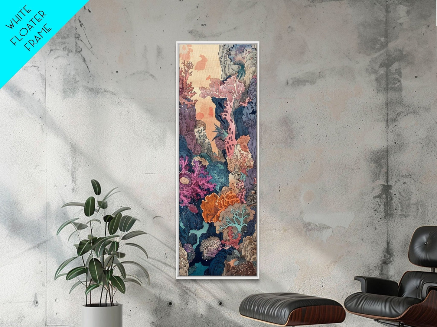 Framed Canvas Print Of A Coral Reef Scene Filled With Vibrant Marine Life, Skinny Art, Tall Art, Japanese Style Art, Ukiyo - e Art, Wood Block Print - mosswell.us