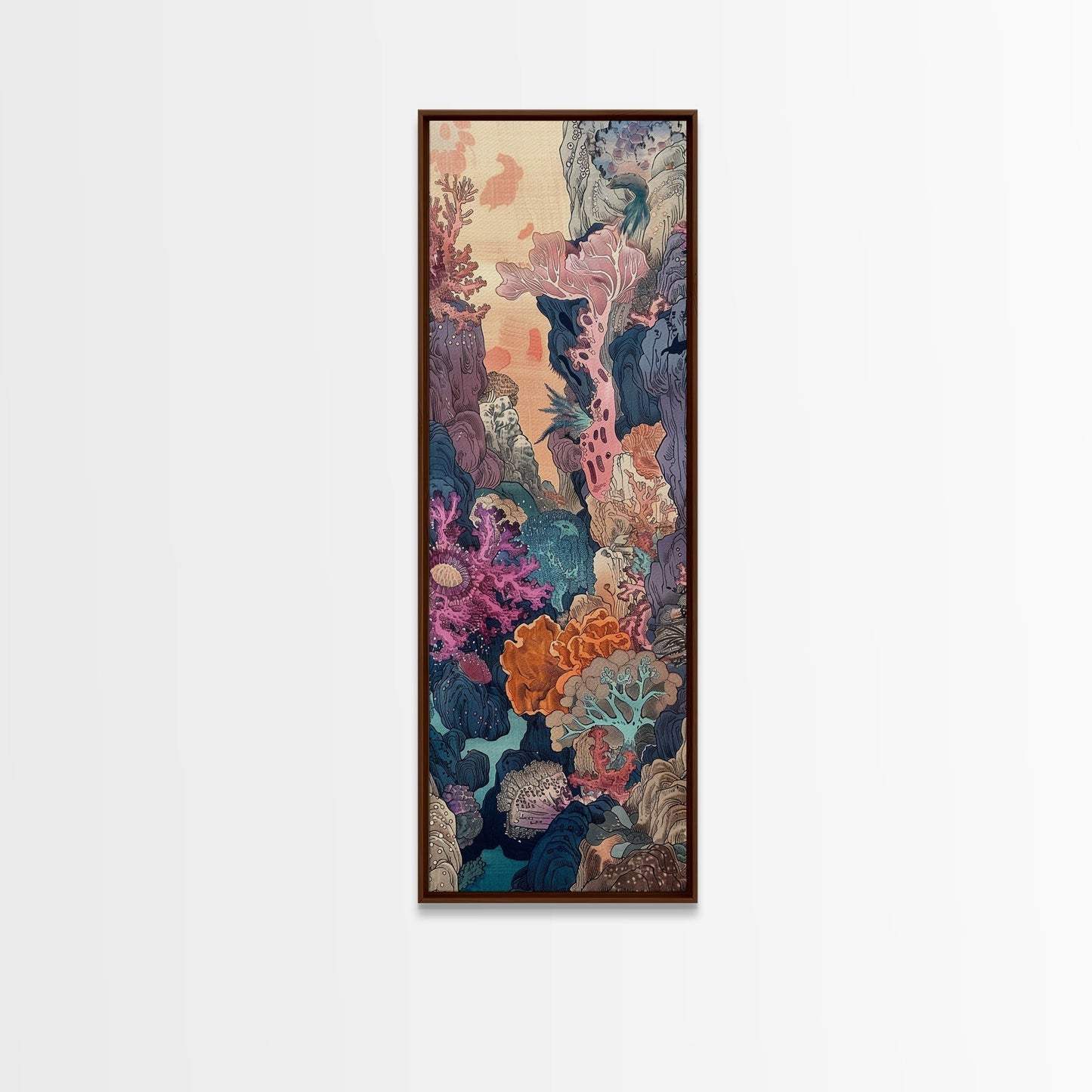 Framed Canvas Print Of A Coral Reef Scene Filled With Vibrant Marine Life, Skinny Art, Tall Art, Japanese Style Art, Ukiyo - e Art, Wood Block Print - mosswell.us