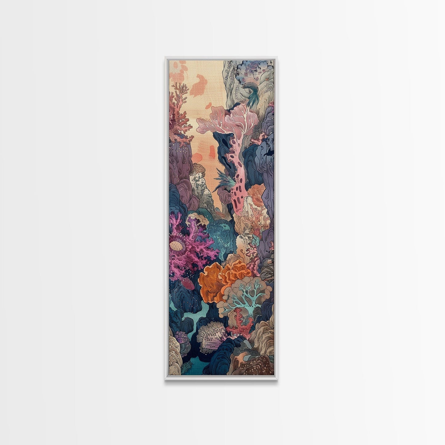 Framed Canvas Print Of A Coral Reef Scene Filled With Vibrant Marine Life, Skinny Art, Tall Art, Japanese Style Art, Ukiyo - e Art, Wood Block Print - mosswell.us
