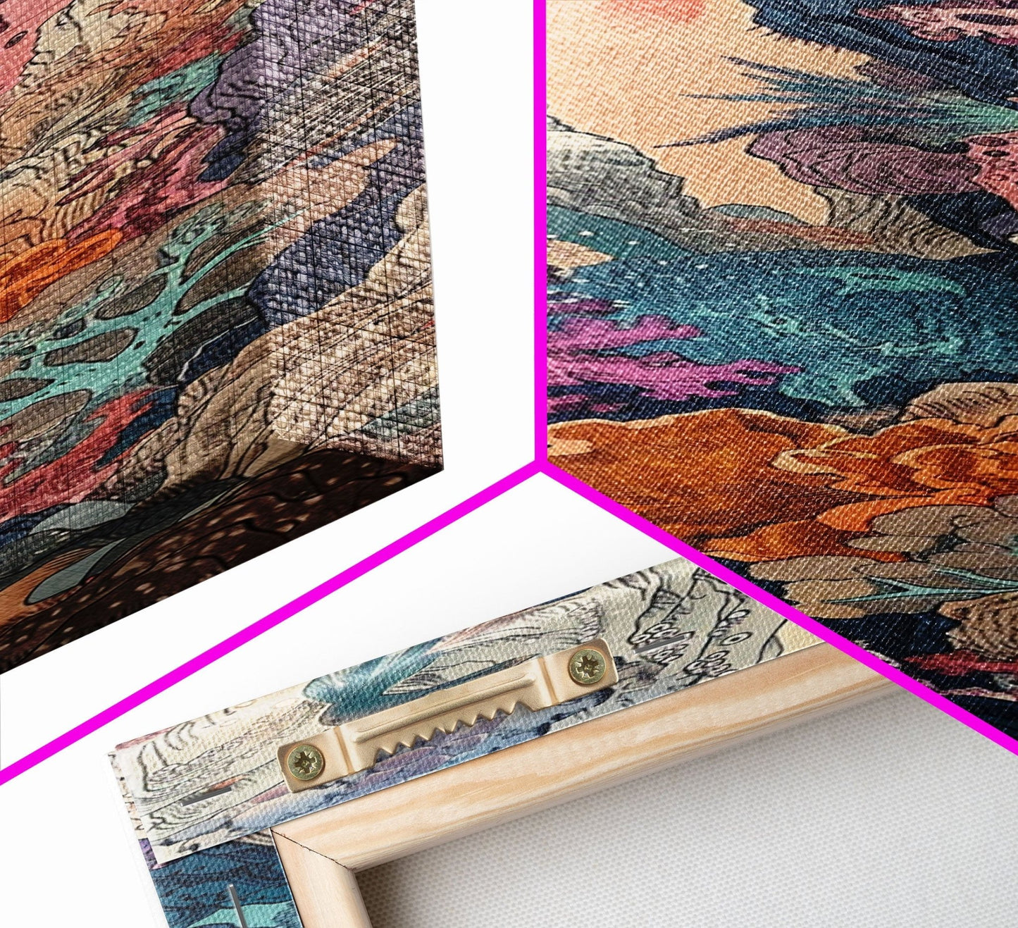 Framed Canvas Print Of A Coral Reef Scene Filled With Vibrant Marine Life, Skinny Art, Tall Art, Japanese Style Art, Ukiyo - e Art, Wood Block Print - mosswell.us