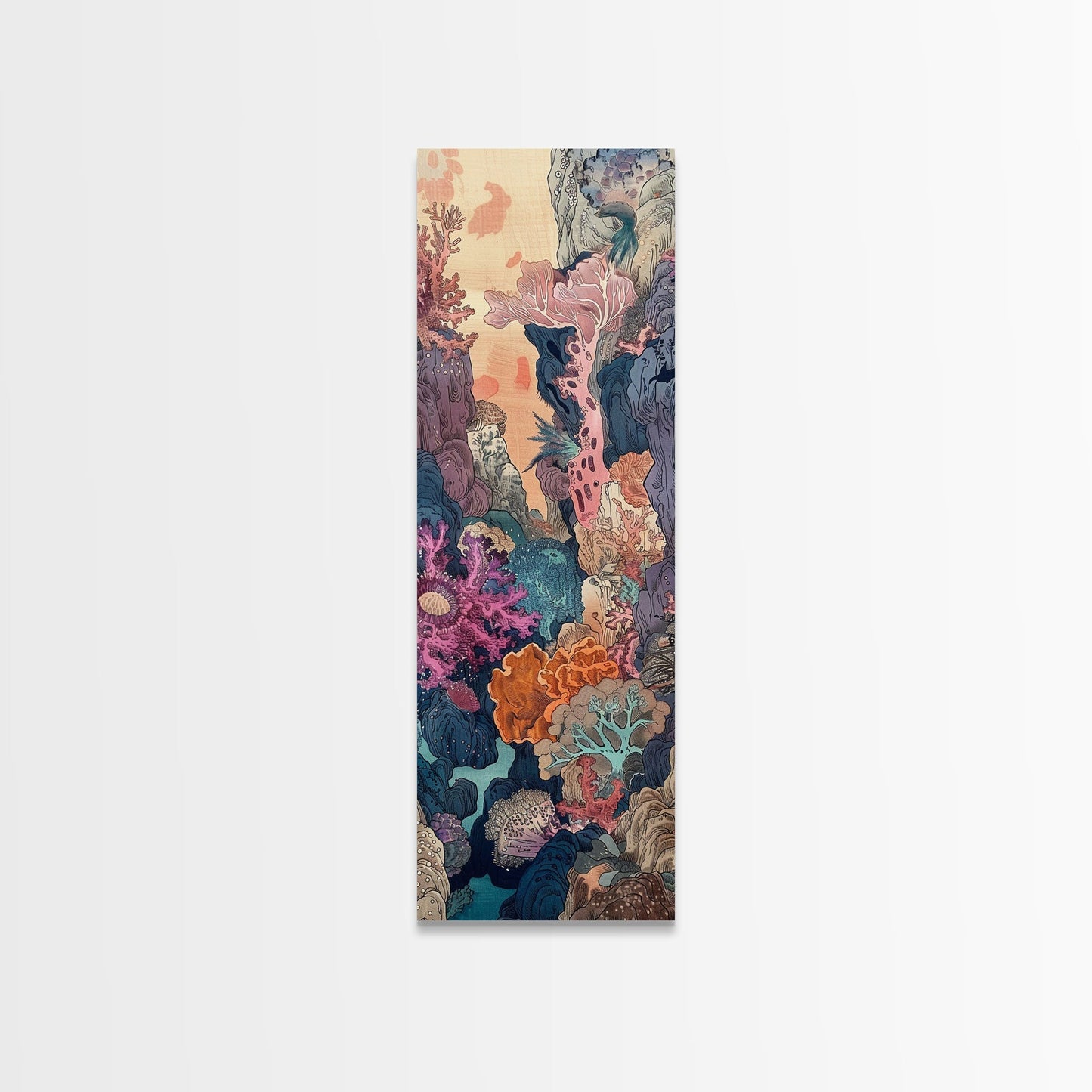 Framed Canvas Print Of A Coral Reef Scene Filled With Vibrant Marine Life, Skinny Art, Tall Art, Japanese Style Art, Ukiyo - e Art, Wood Block Print - mosswell.us