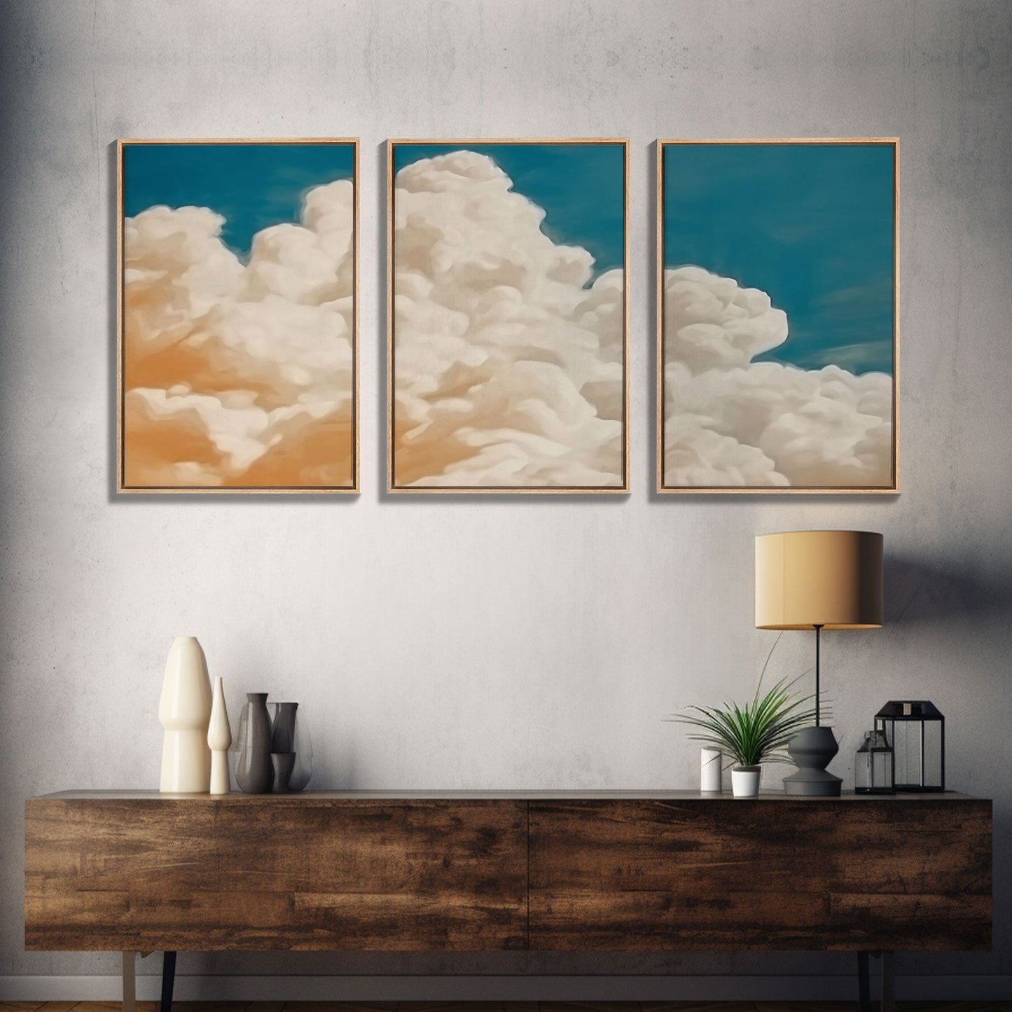 Framed Canvas Wall Art Set of 3 Pastel Clouds, Navy Blue Sky, Nature Landscape Prints, Minimalist Modern Art Nature Boho Wall Decor - mosswell.us