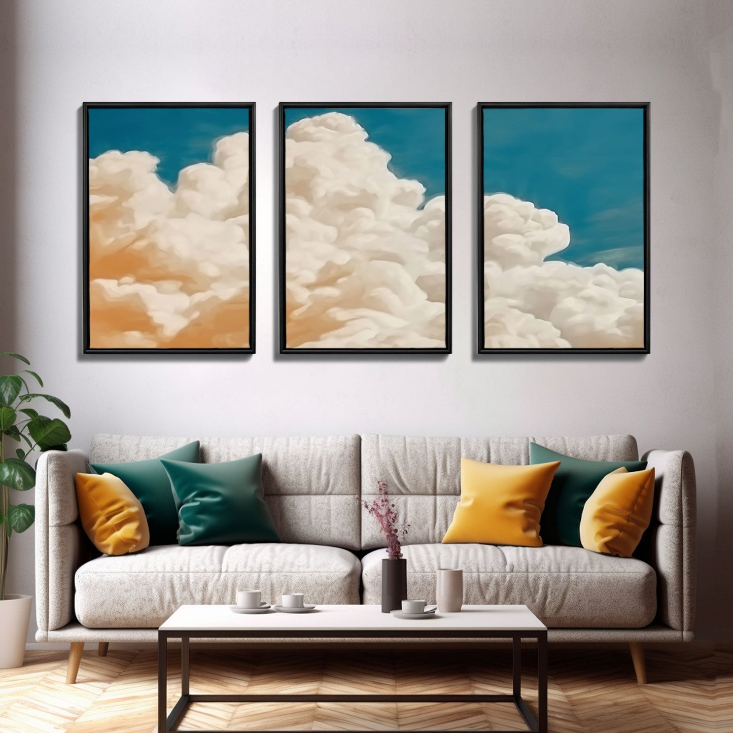 Framed Canvas Wall Art Set of 3 Pastel Clouds, Navy Blue Sky, Nature Landscape Prints, Minimalist Modern Art Nature Boho Wall Decor - mosswell.us