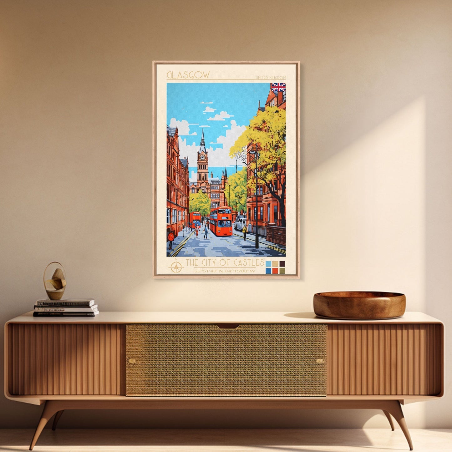 Glasgow United Kingdom Travel Poster Framed Canvas Print, Midcentury Modern Art, Pop Art Wall Decor, Scenic Bedroom Art, Office Decoration - mosswell.us