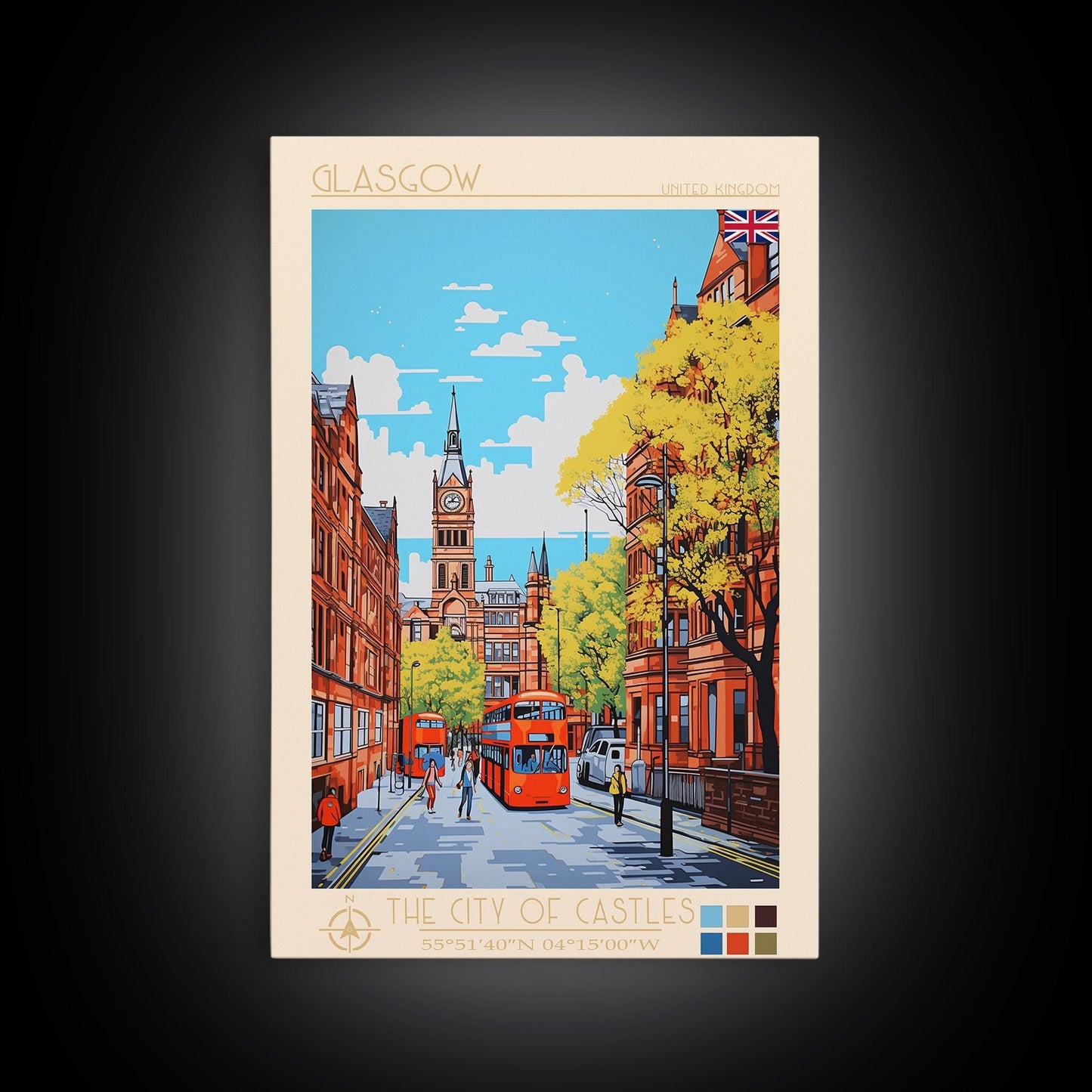 Glasgow United Kingdom Travel Poster Framed Canvas Print, Midcentury Modern Art, Pop Art Wall Decor, Scenic Bedroom Art, Office Decoration - mosswell.us