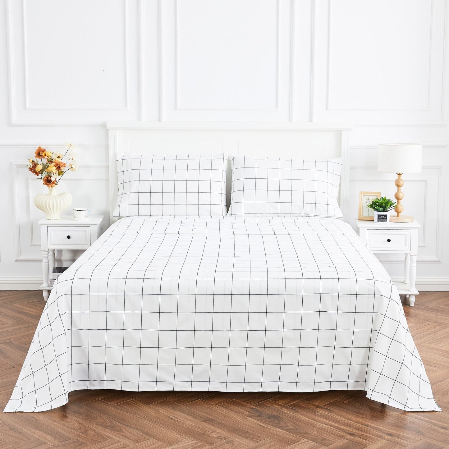 Grid Printed Cotton Percale Sheet Set - mosswell.us