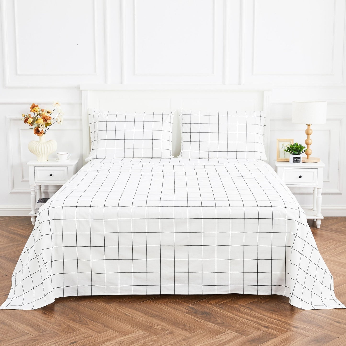 Grid Printed Cotton Percale Sheet Set - mosswell.us