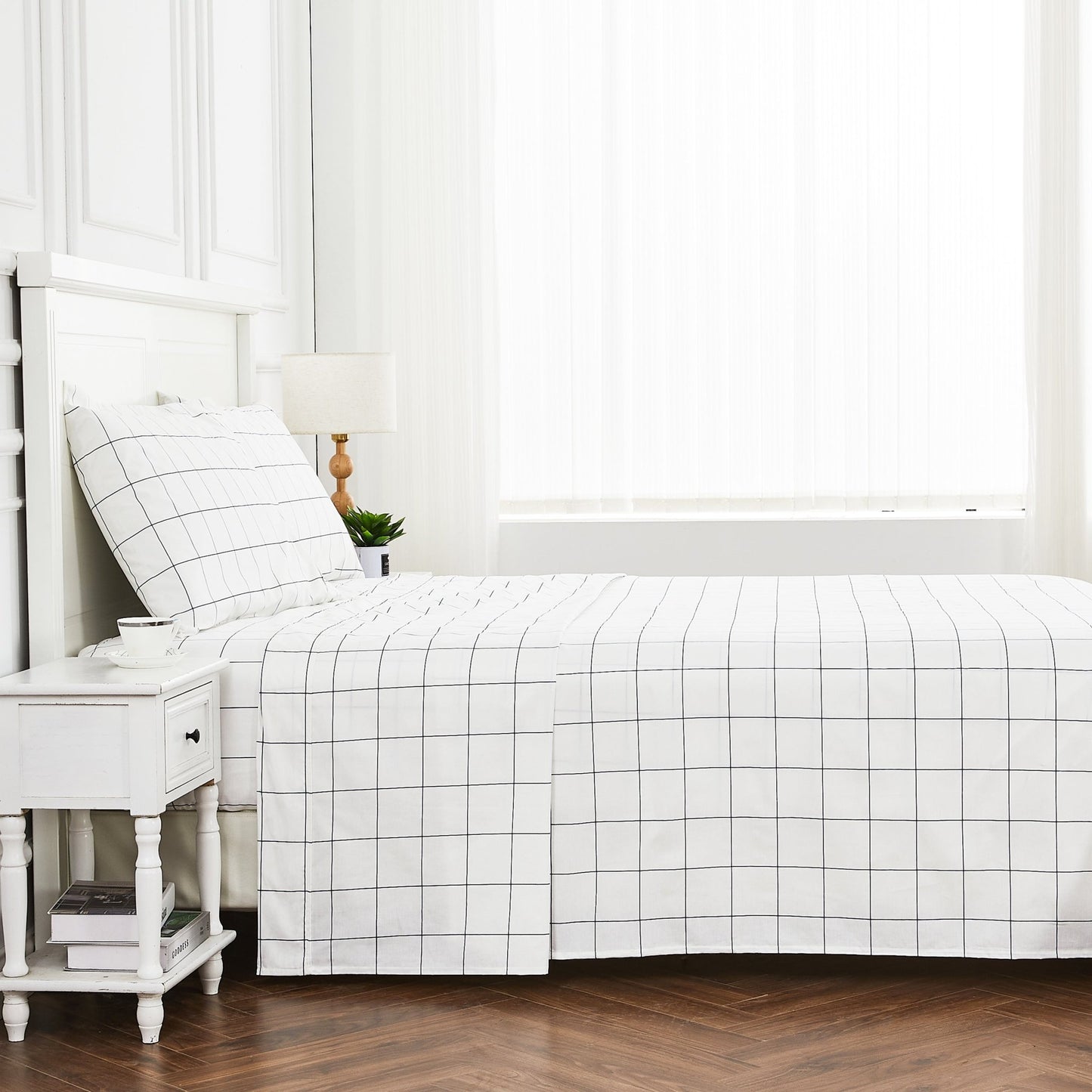 Grid Printed Cotton Percale Sheet Set - mosswell.us
