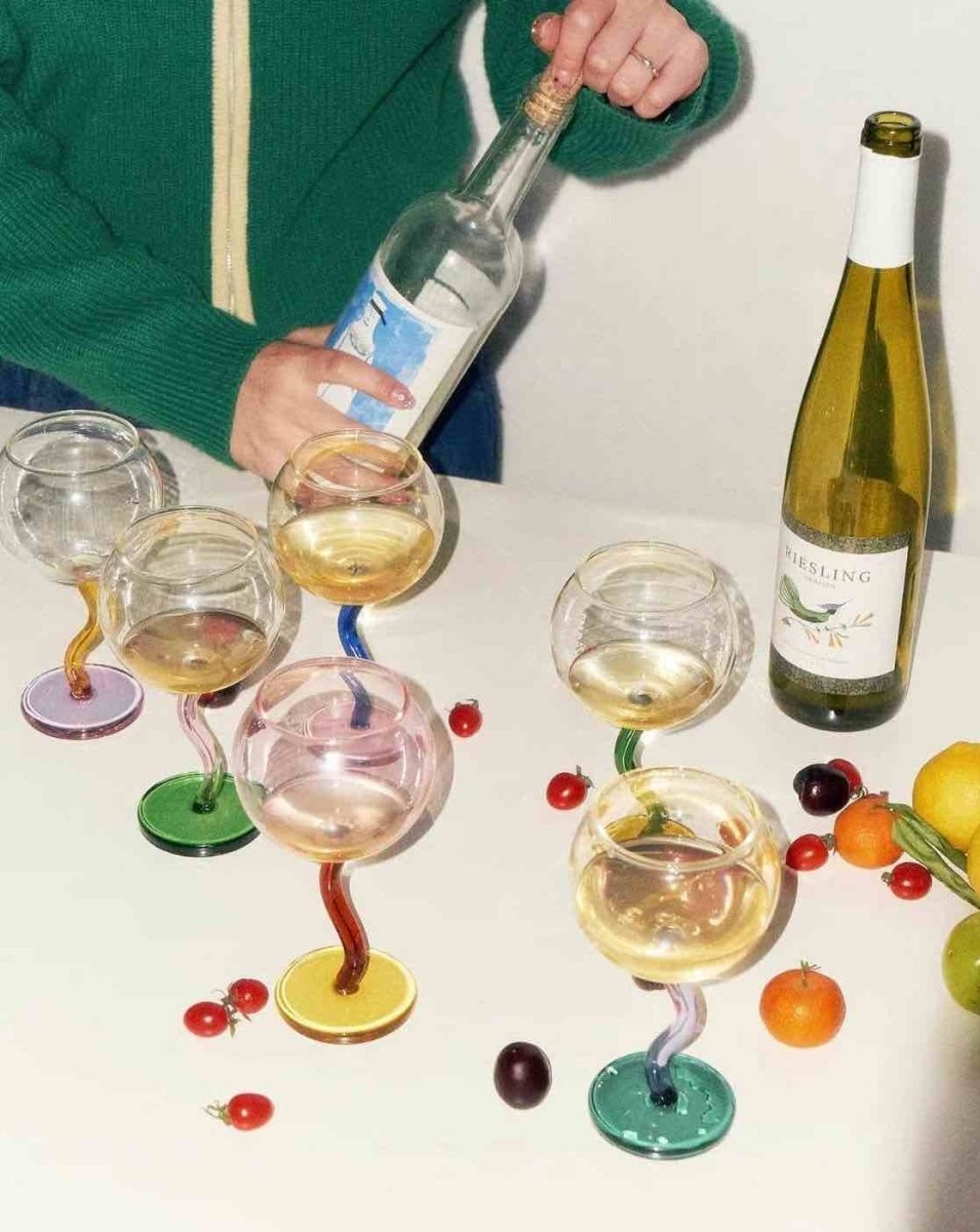 Handblown Bubble Wine Glass - Retro Whimsical Eclectic Wavy Stemmed - mosswell.us