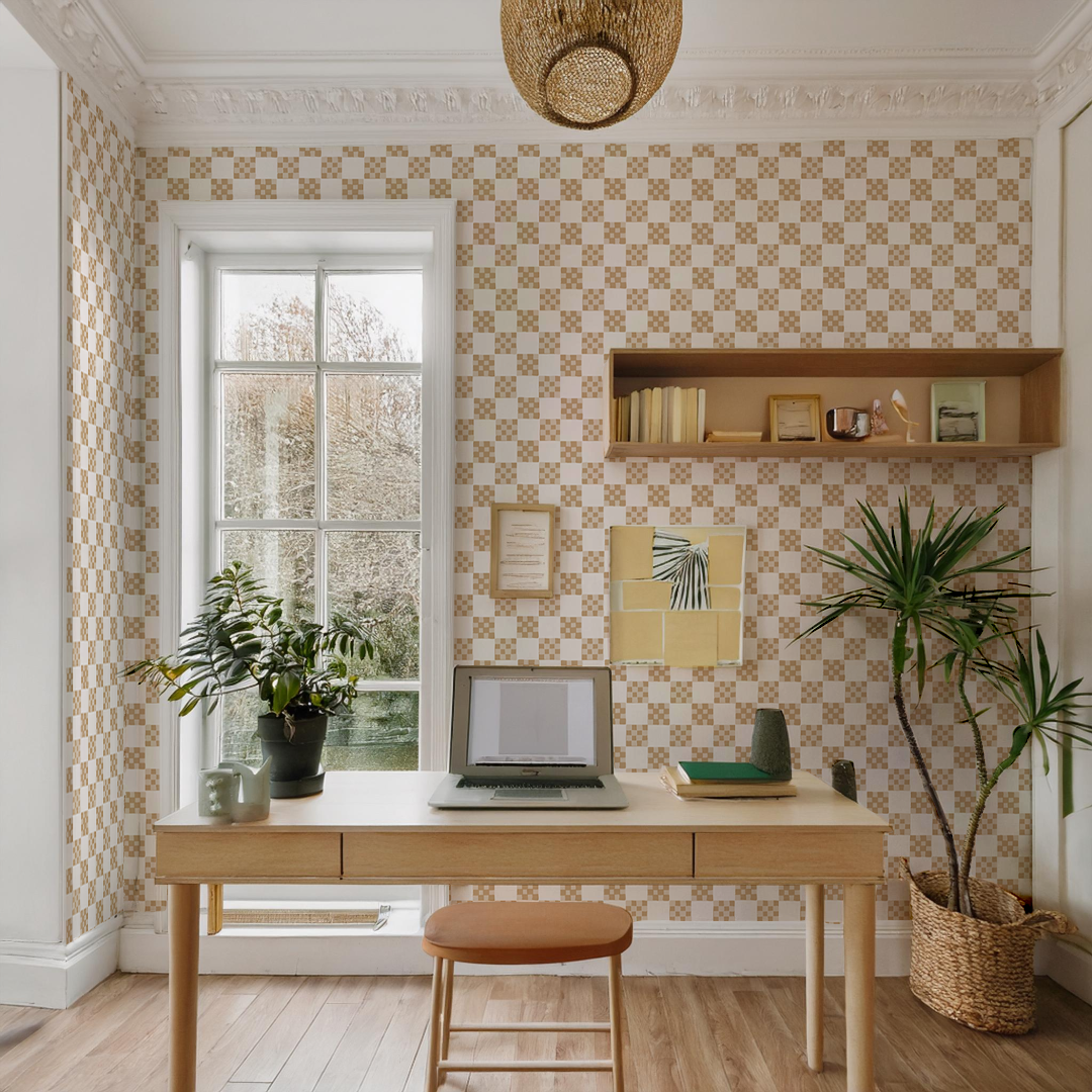 Checkered Quilt Wallpaper, tan and white