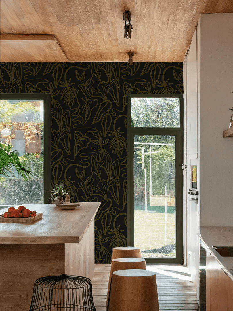 Inked Foliage Wallpaper, black & olive green - mosswell.us