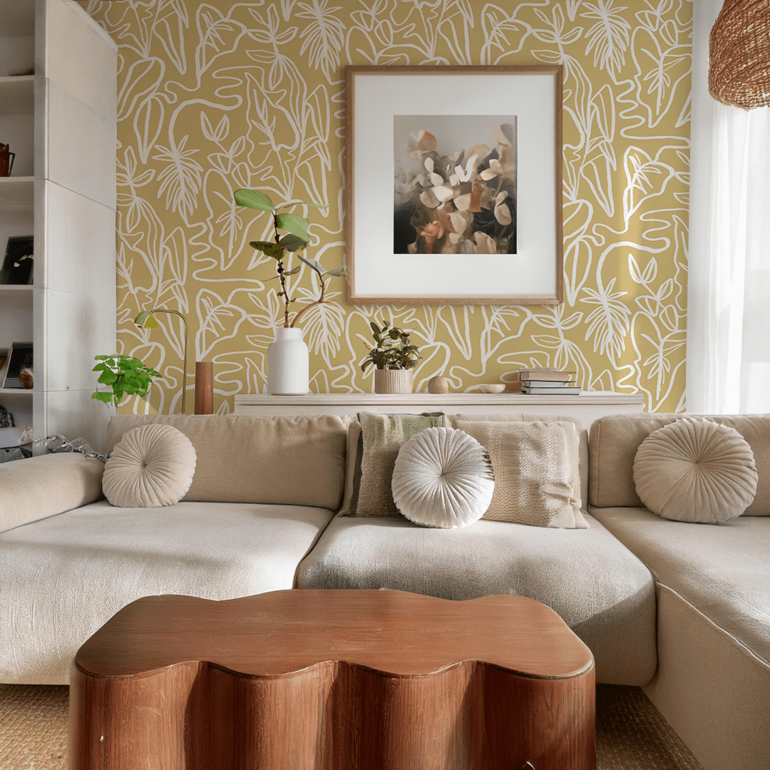 Inked Foliage Wallpaper, butter yellow and white - mosswell.us